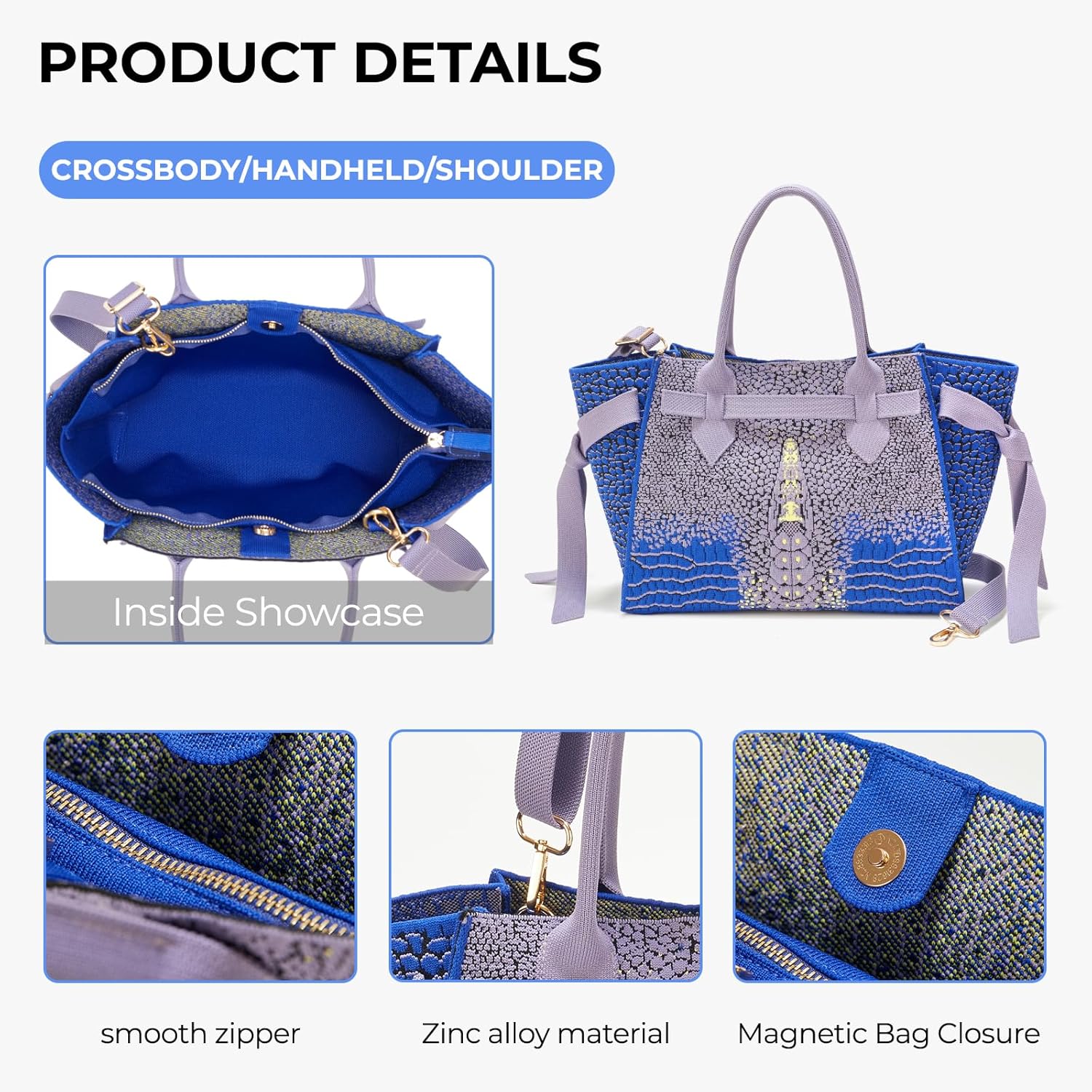 Women's Large Crossbody Bag - Blue Purple Croc-Embossed Handbag with Dual Straps: Long Crossbody & Short Shoulder, Gold Alligator Emblem Lilac Handles Beach Travel Purse