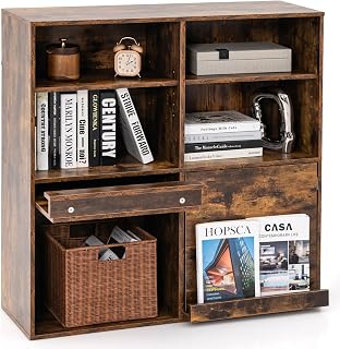 COSTWAY 90cm Cube Bookcase, Wooden Storage Bookshelf Magazine Display Shelving Unit with Adjustable Shelves & Pull-Out Shelf, Industrial 6 Cube Storage Cabinet Organizer for Living Room Bedroom Office