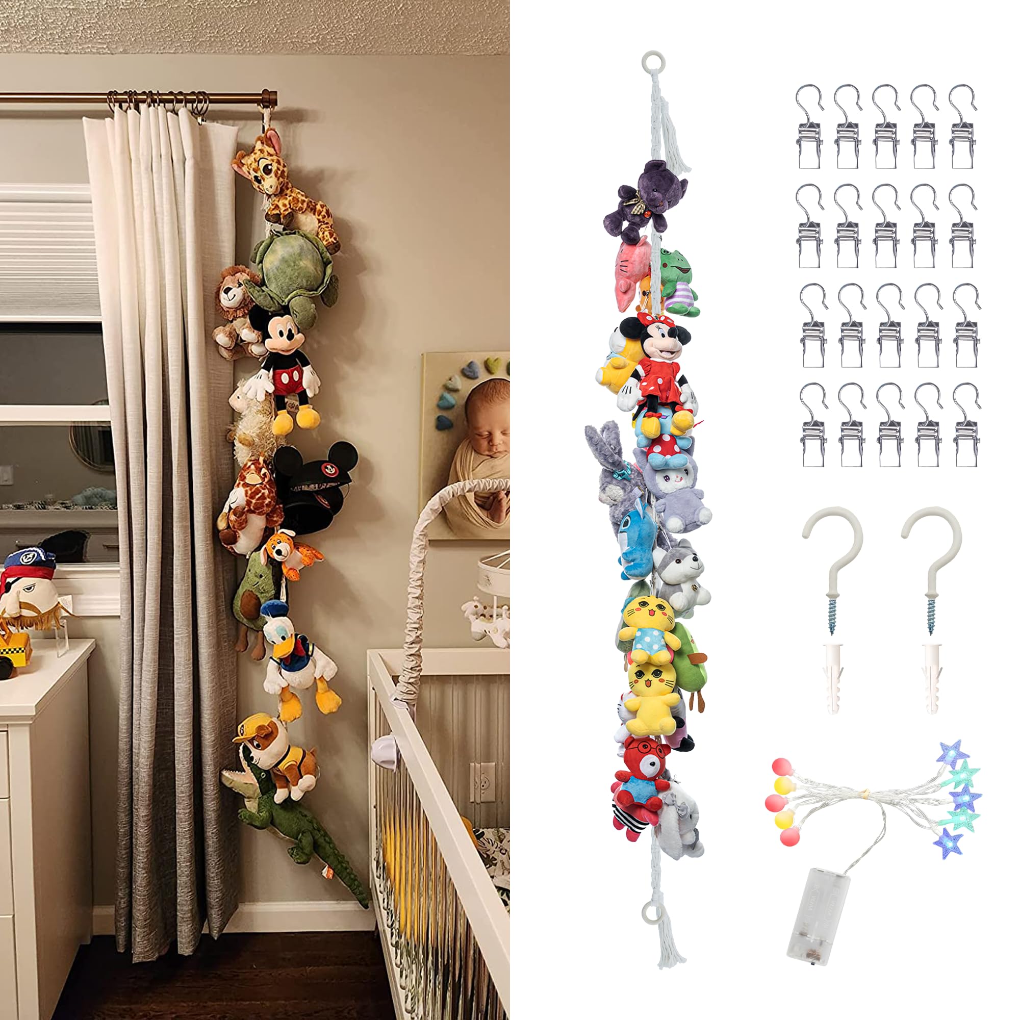 1 PCS Stuffed Animals Storage Chain Organizers 80" Cotton Hanging Storage Chain with 20 Metal Clips and 10 LED Light Stuffed Animal Display Holder Chain for Nursery Play Room (1PcsWhite)