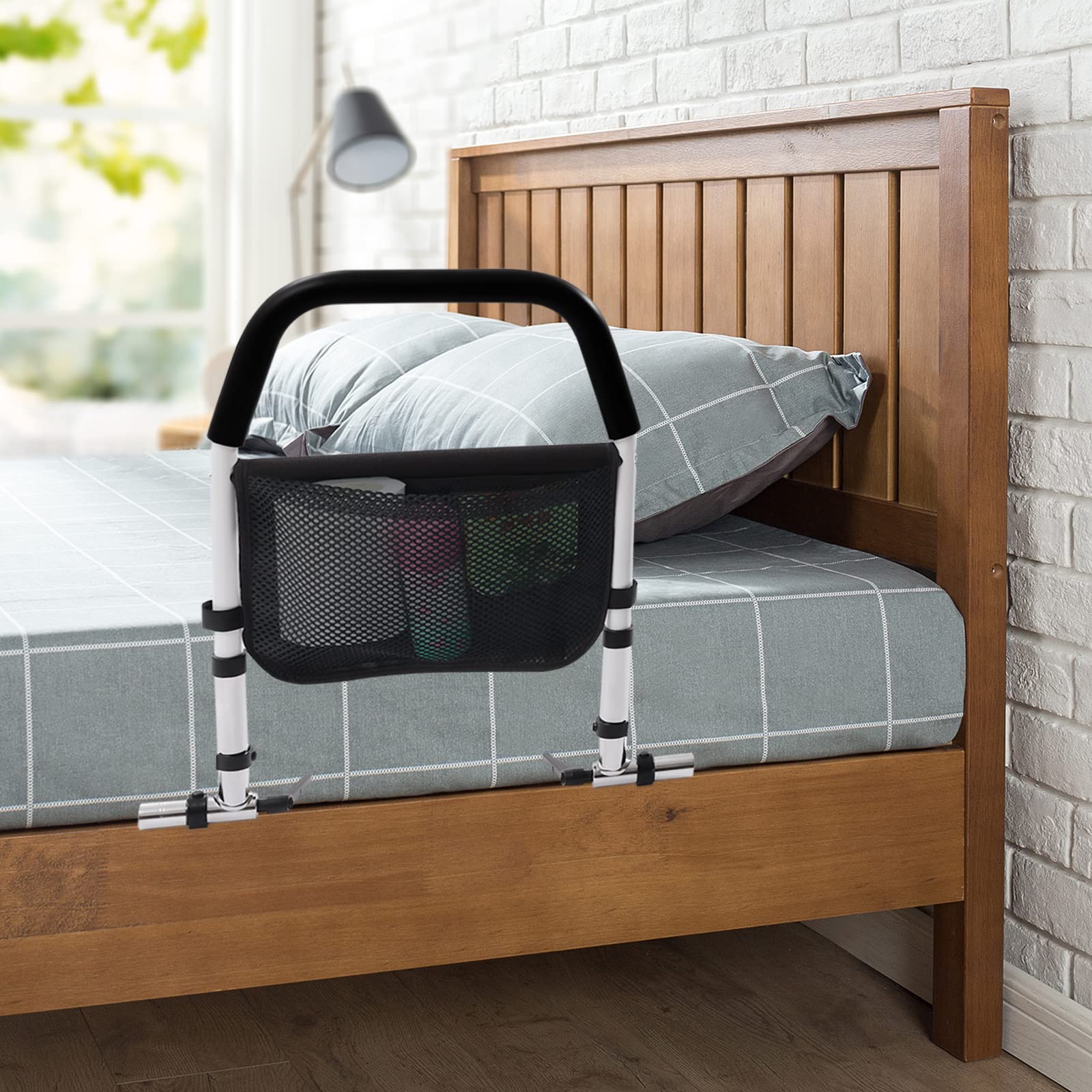 Szyna do łóżka, pomoc w wstawaniu dla seniorów – uchwyt łóżka z regulacją wysokości 50-58 cm, składany i stabilny, balustrada do łóżka ze stali węglowej z torbą, ochrona przed upadkiem i pomoc w