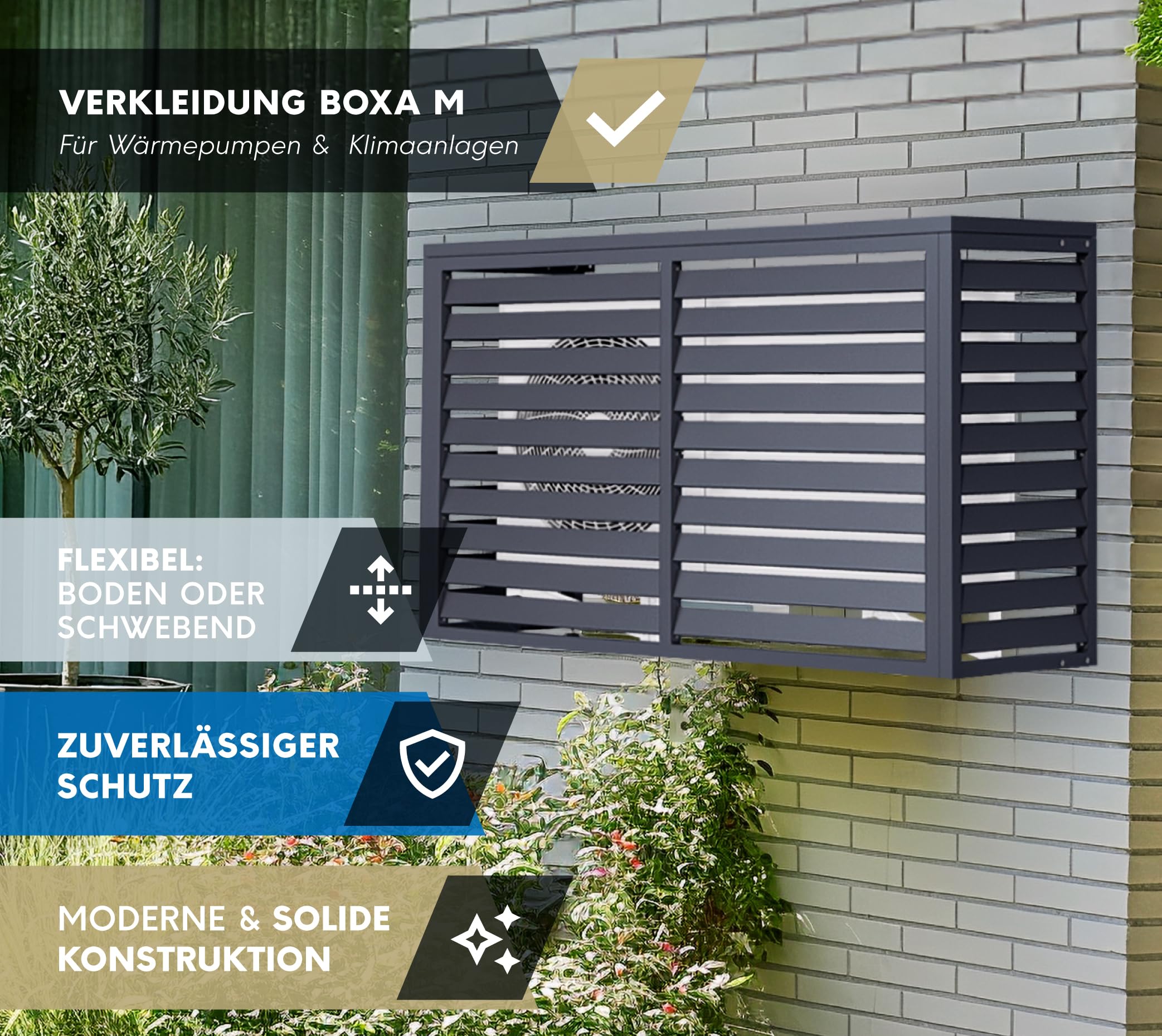 Westmann Boxa S | Wärmepumpen Verkleidung & Klimaanlagen Abdeckung | Stahl Holzoptik Anthrazit | Höhenverstellbar | 100x56x97 cm (Anthrazit, 140x56x97 cm)