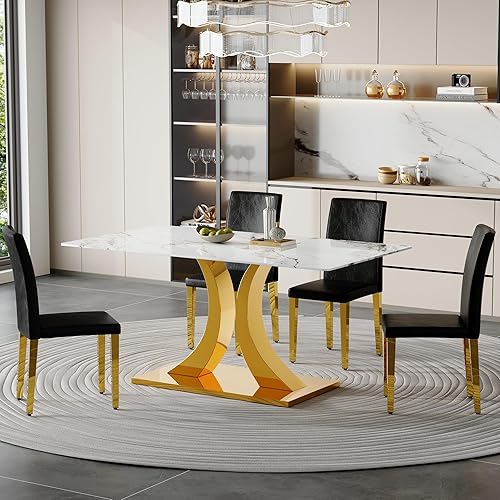 Miniatura 22 de Juego de mesa de comedor de mármol para 6, mesa moderna de plata blanca de 63 pulgadas con patas de marco de forma intercambiable y sillas