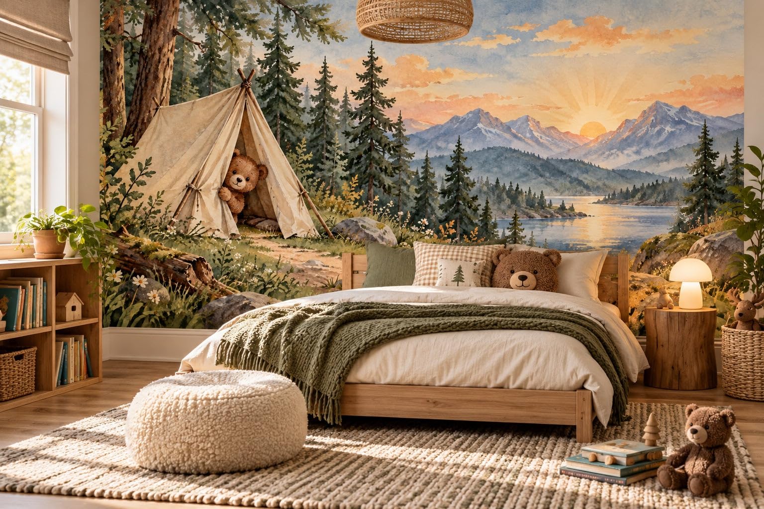 MOOGCO Bär Zelt Sonnenaufgang Fototapete, selbstklebende Wandtapete fürs Kinderzimmer, Aquarell Camping Tapete fürs Babyzimmer, 160 x 100 in