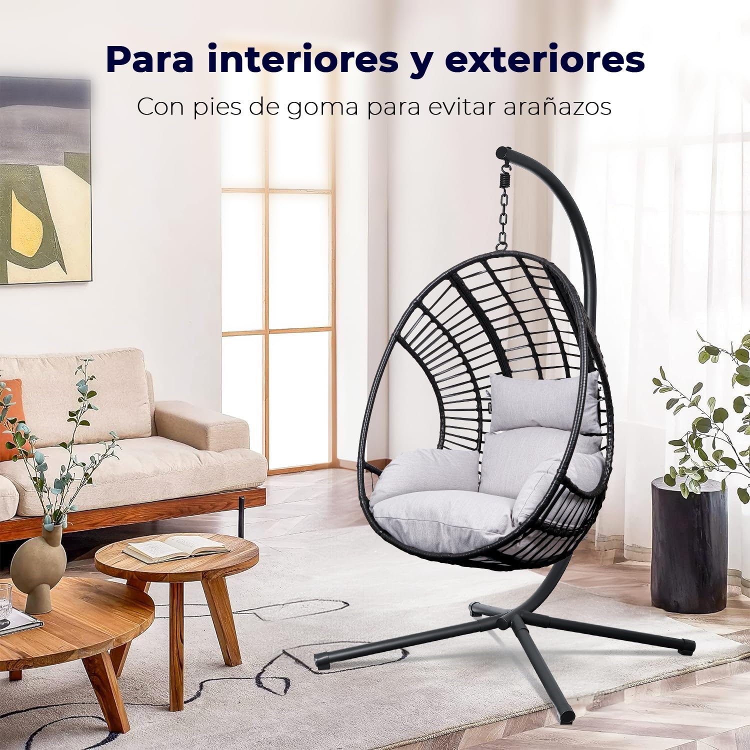 Swoods XXL Silla Colgante de Jardín - para Interior y Exterior - Silla Colgante con Base - Incluye Cojines y Funda Protectora- Resistente a la Intemperie - Carga máxima 150 kg (Gris Claro)