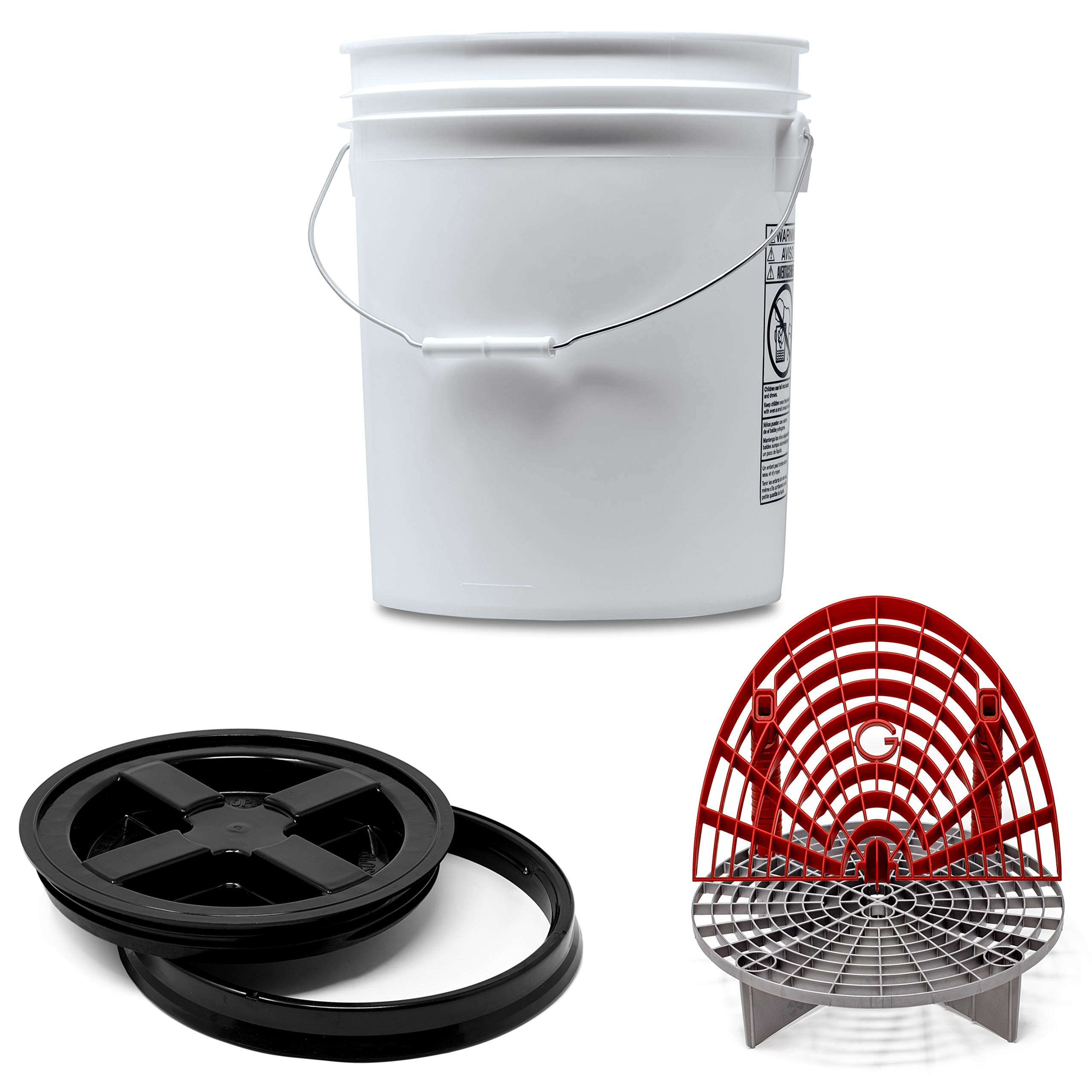 Detailmate professionelles Wasch Eimer Set: Magic Bucket Wascheimer 5 GAL (ca. 20 Liter), Gamma Seal Eimerdeckel schwarz, GritGuard Schmutz Einsatz Silber, GritGuard Washboard rot