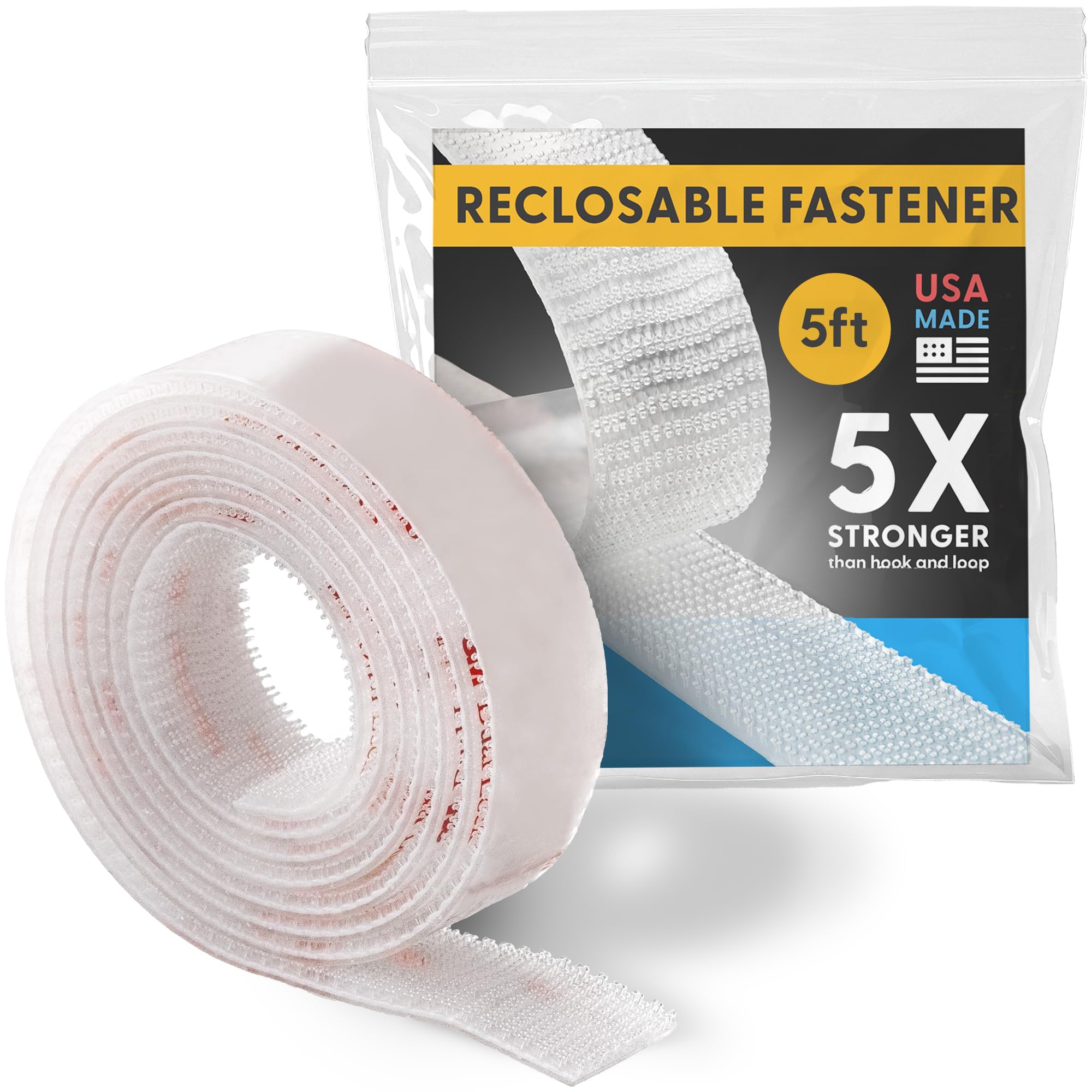 Industrial Strength 1" x 5ft Clear Scotch Self Mating Reclosable Fasteners, Stick-On Adhesive, No Tools Needed, Home Decor, Classroom, Office, Cars, Indoor-Outdoor Waterproof Compatible with SJ3560