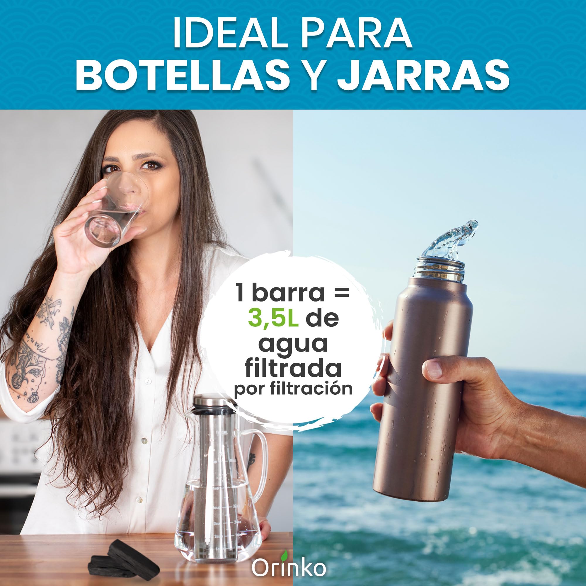 ORINKO® Carbón Activado Binchotan de Kishu x6 - Filtro Natural para Purificar hasta 2.5L de Agua en Jarras y Botellas - Carbón Vegetal Binchotan Ecológico Reutilizable - Calidad Japonesa