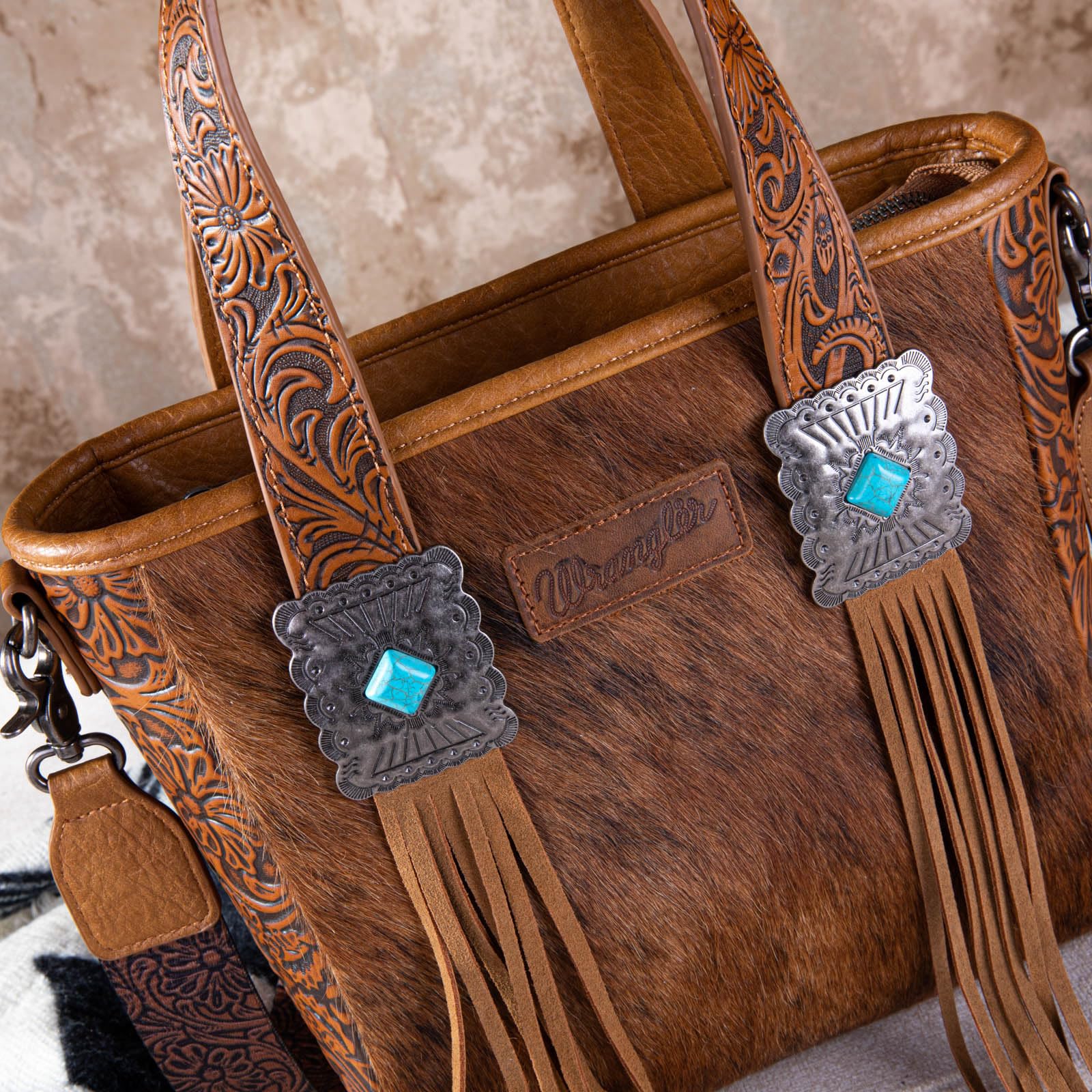 Montana West Wrangler Tragetasche aus Rindsleder für Damen, Western-Werkzeugtasche, Lederfransen mit türkisfarbenem Stein-Concho