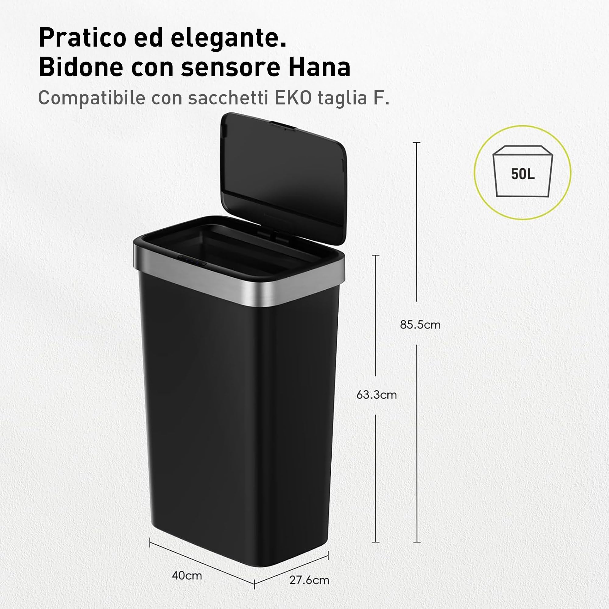 EKO Pattumiera da Cucina 50 Litri con sensore Automatico e Chiusura Morbida | Pattumiera Nera a Batteria | Finitura Anti-Traccia, Base Antiscivolo e Supporto per Borsa | Design Moderno e Silenzioso