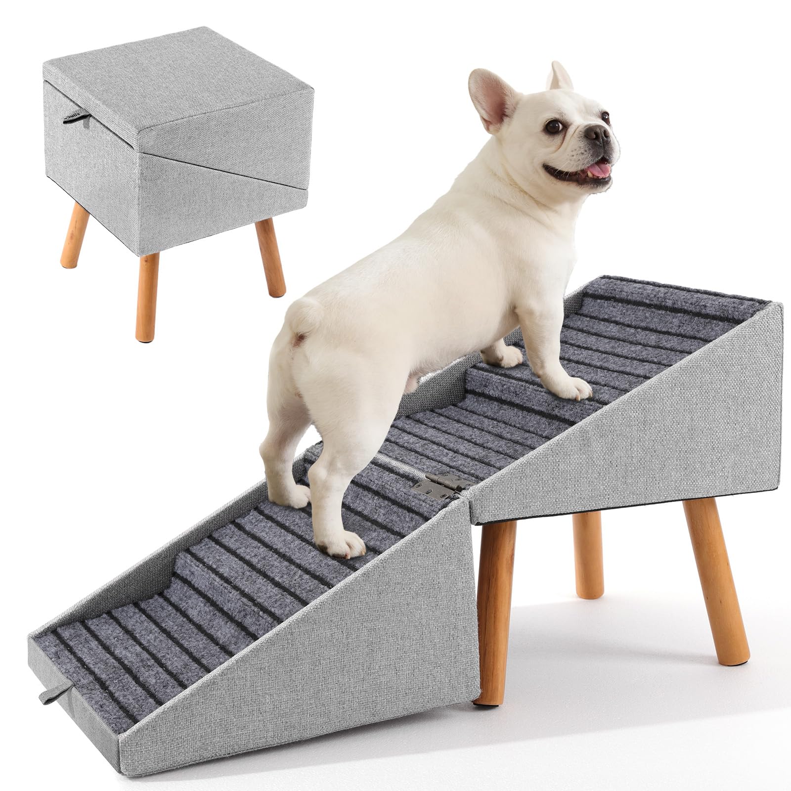 Hunde Treppe für kleine Hunde und Katzen für Couch und Bett, Klappbare 2-in-1 Holz Haustier Schritte für Welpen, Split Ottoman Design (Hellgrau-43,5 cm hoch)
