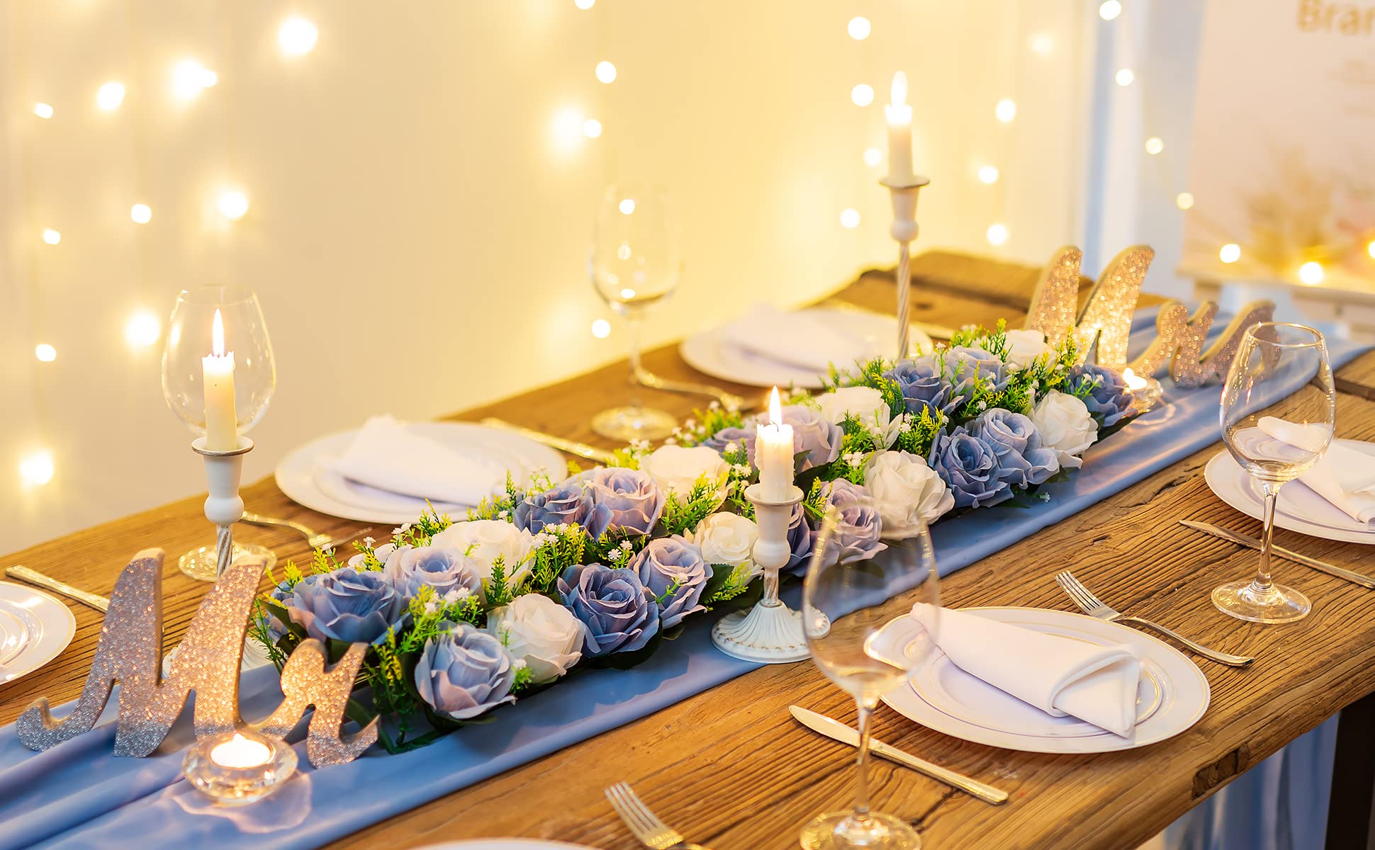 BLOSMON Artificial Flowers Wedding Centerpieces Decorations Fake Flowers 10 Pcs Dusty Blue Silk Floral Arrangement Dinning Table Runner Centerpiece, Rose Flower for Room Reception Table Decor