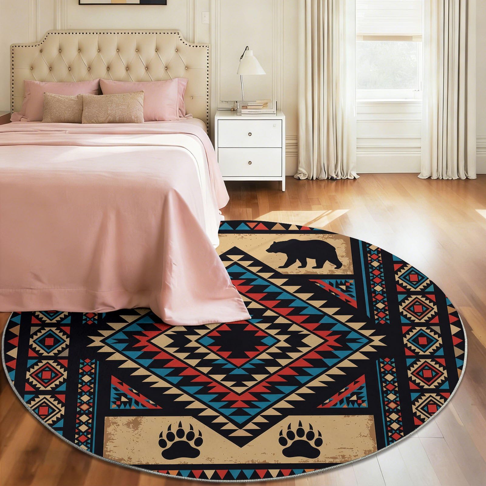Tappeto etnico suoccidentale rotondo a pelo corto, 120 cm, lavabile, per soggiorno, camera da letto, tradizionale motivo geometrico a rombi, antiscivolo, tappeto rotondo per cameretta dei bambini