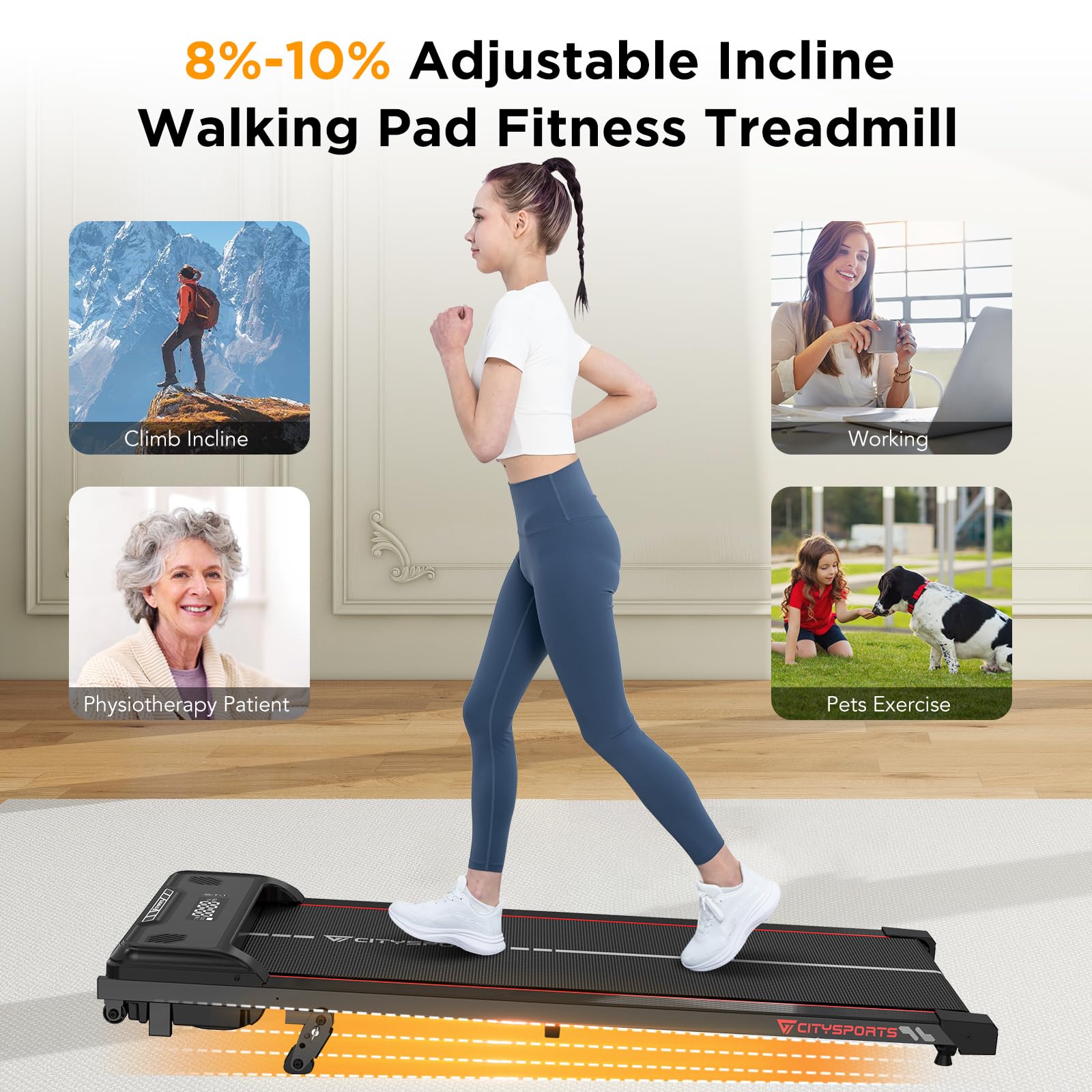 CITYSPORTS Laufband mit Steigung 10%, Elektrisches Walking Pad für Zuhause & Büro, 1–6 km/h, 440 W leiser Motor, LED-Anzeige, Bluetooth-Musikfunktion, Stoßdämpfung, 110 kg Belastbar