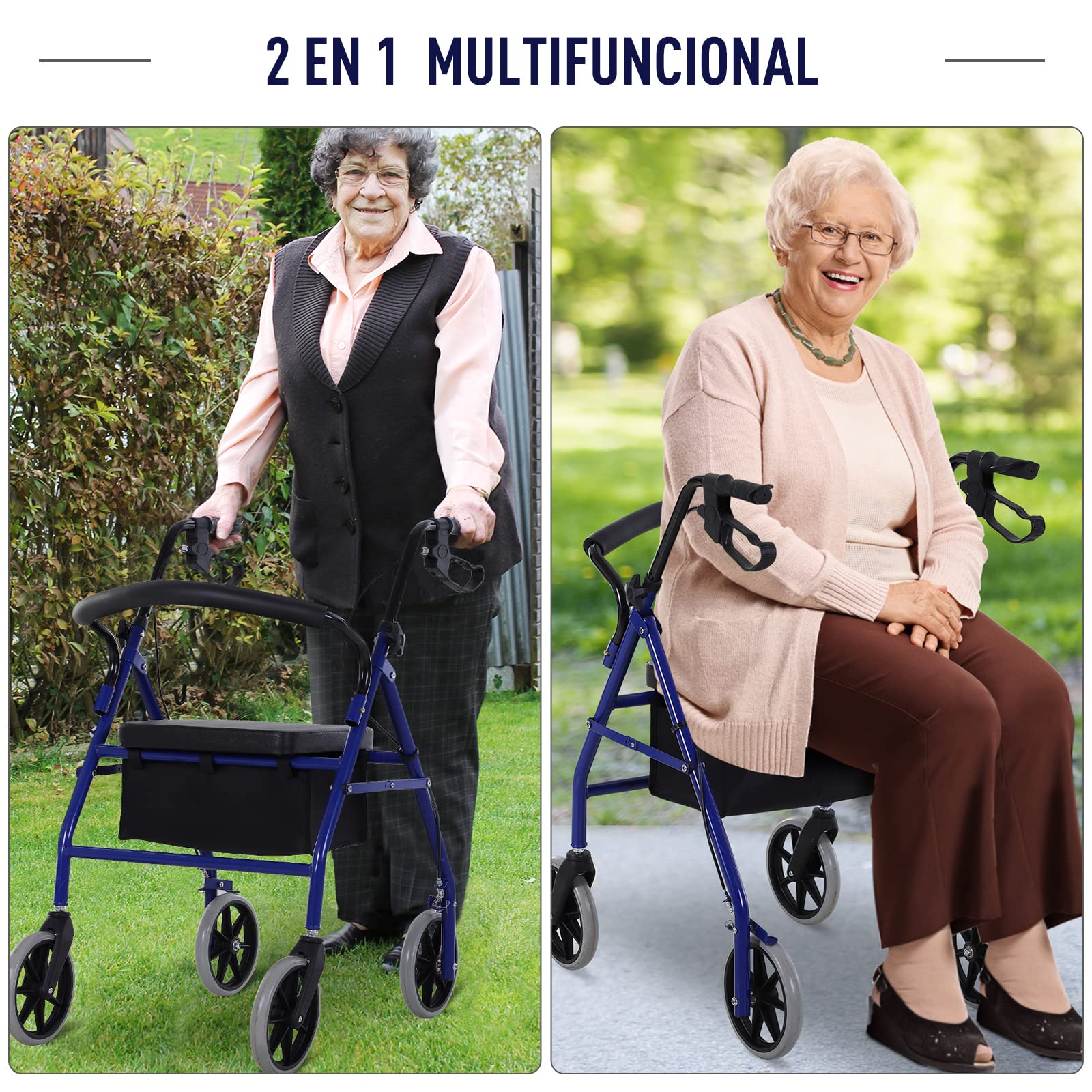 HOMCOM Andador para Adultos Plegable Con Almacenaje Asiento y Frenos 65x53x79-89 cm Azul y Negro