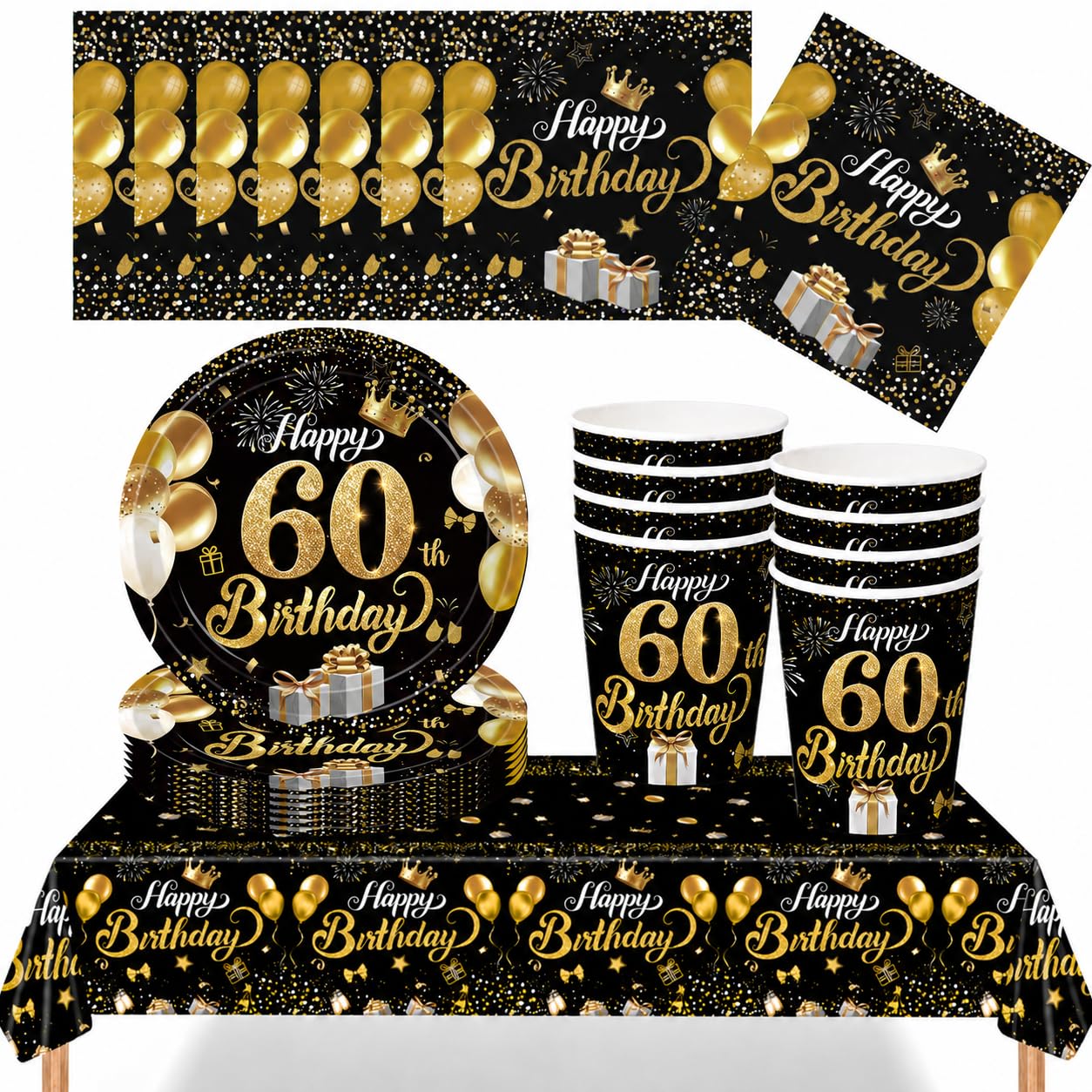 YESAH 60th Birthday Black Gold Party Tableware Set for Celebrations
