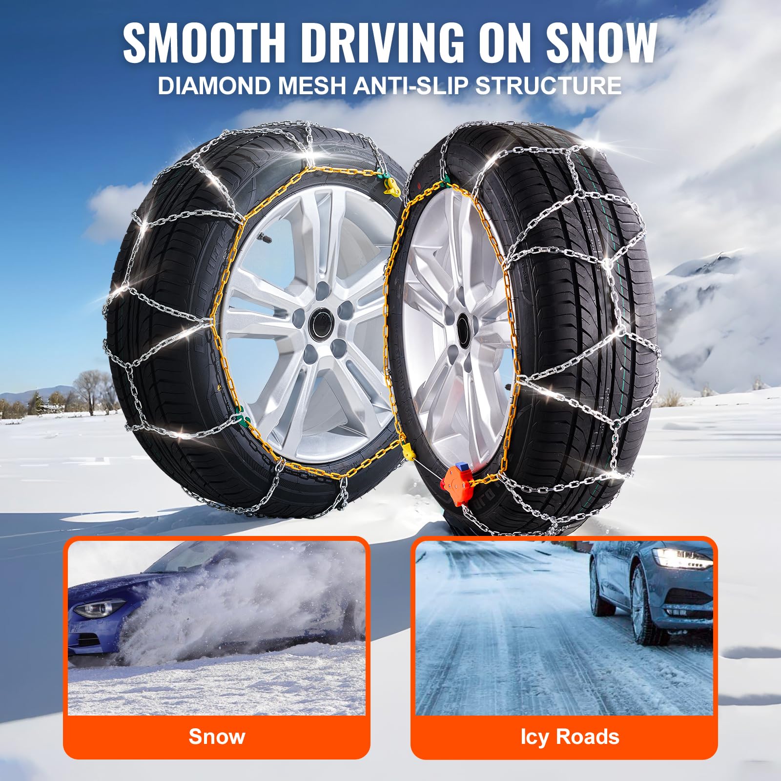 VEVOR Catene da Neve 610/685mm per Pneumatici in Lega di Acciaio al Manganese - 2 Pezzi di Trazione di Emergenza per Auto, SUV, Camion - Argento