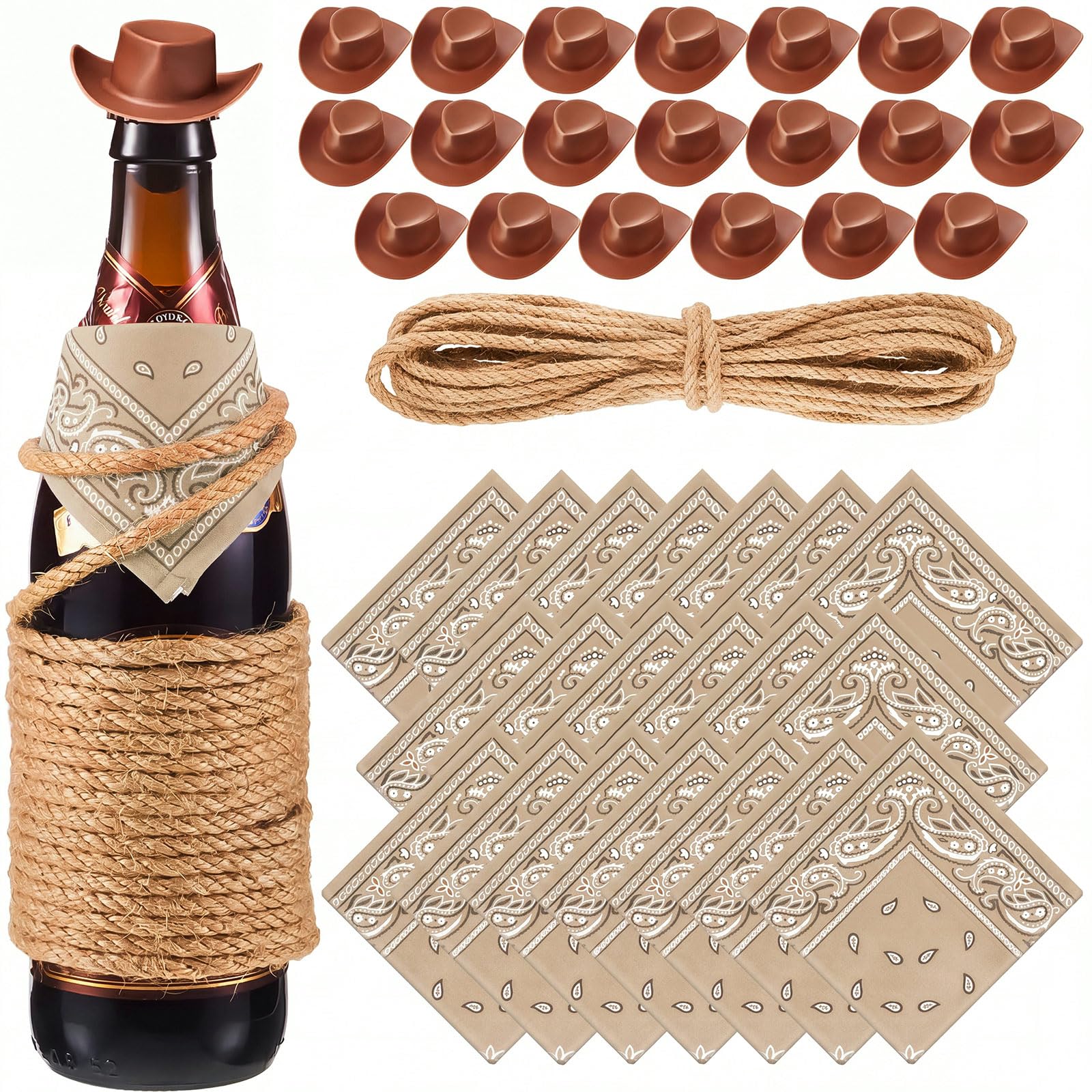 Leitee 20 Sets Mini Cowboy Hats for Crafts Plastic Tiny Cowgirl Hat with Bandanas for Western Cowboy Party Decoration