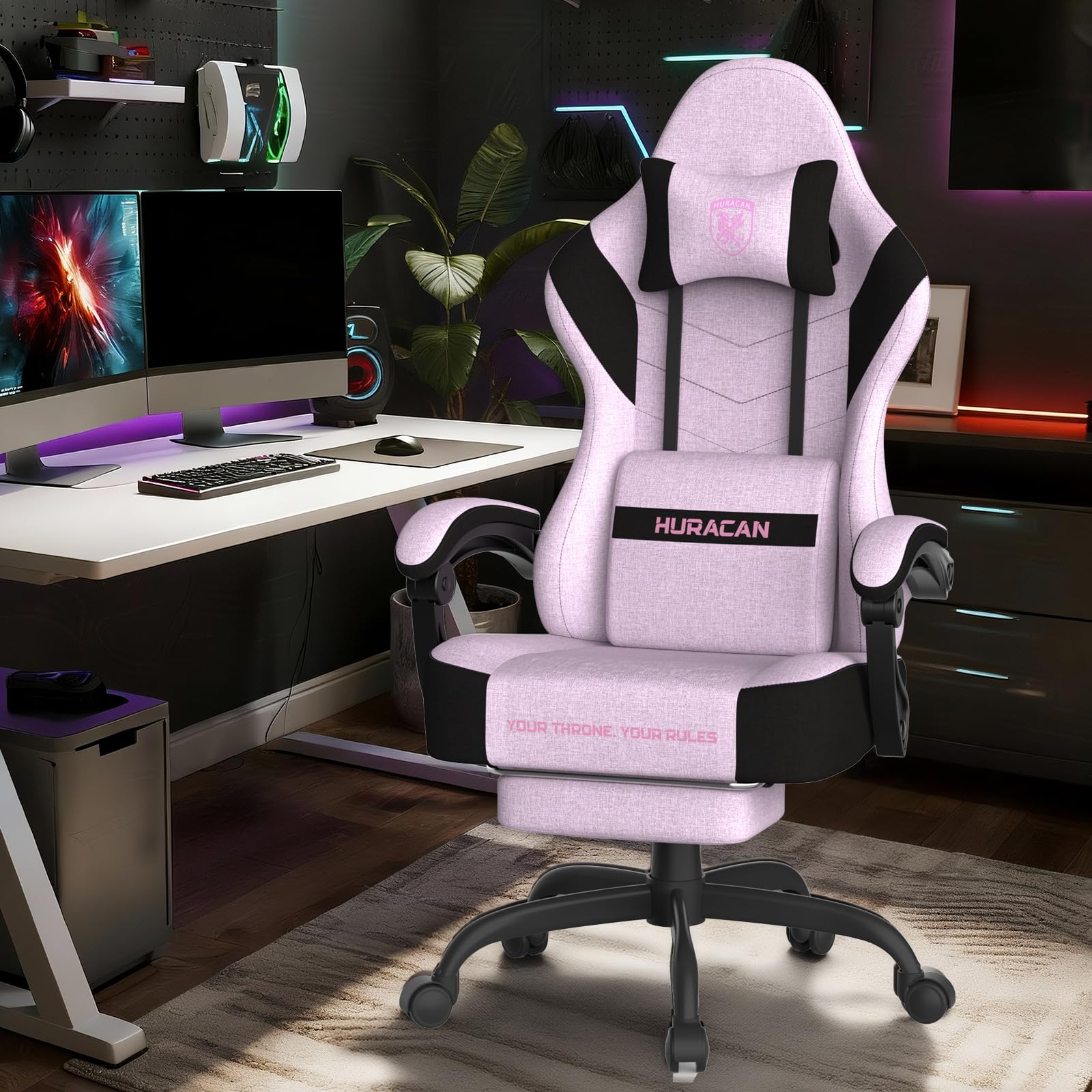 Verdego Silla Gaming, Silla Gamer Ergonómica con Masajeador Cojín Lumbar, Reposapiés Retractable y Reposacabezas, Tela de Poliéster, Reclinable 90-135°, Altura Regulable, Sillas Gaming, Rosa