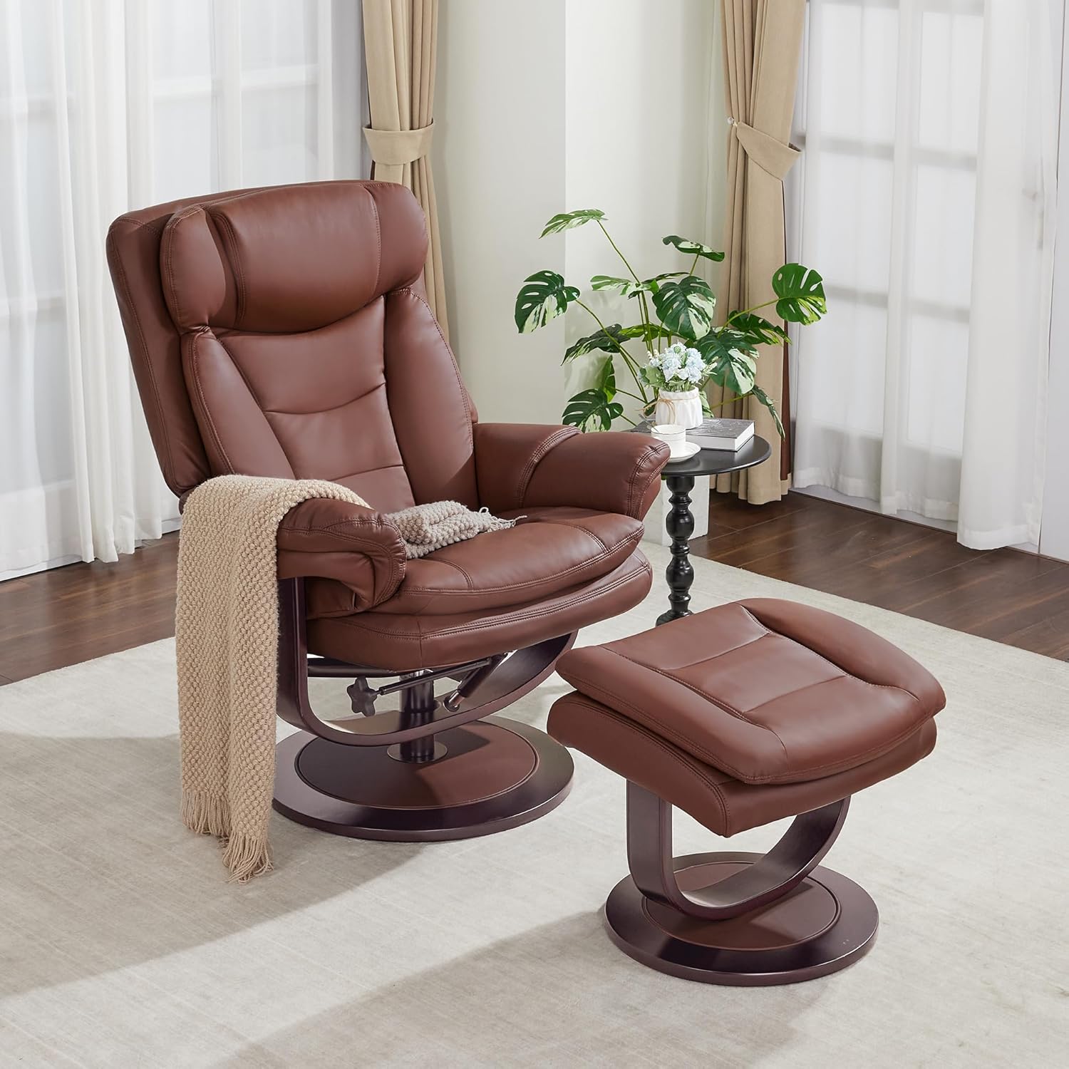 MCombo 4651 Oversized Swivel Recliner with Ottoman for Tall Users - 360° Wood Base, High Seat, Adjustable Backrest, Faux Leather Lounge Chair (Brown)