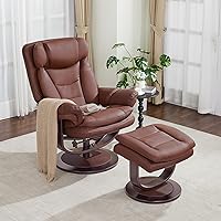 MCombo 4651 Oversized Swivel Recliner with Ottoman for Tall Users - 360° Wood Base, High Seat, Adjustable Backrest, Faux Leather Lounge Chair (Brown)