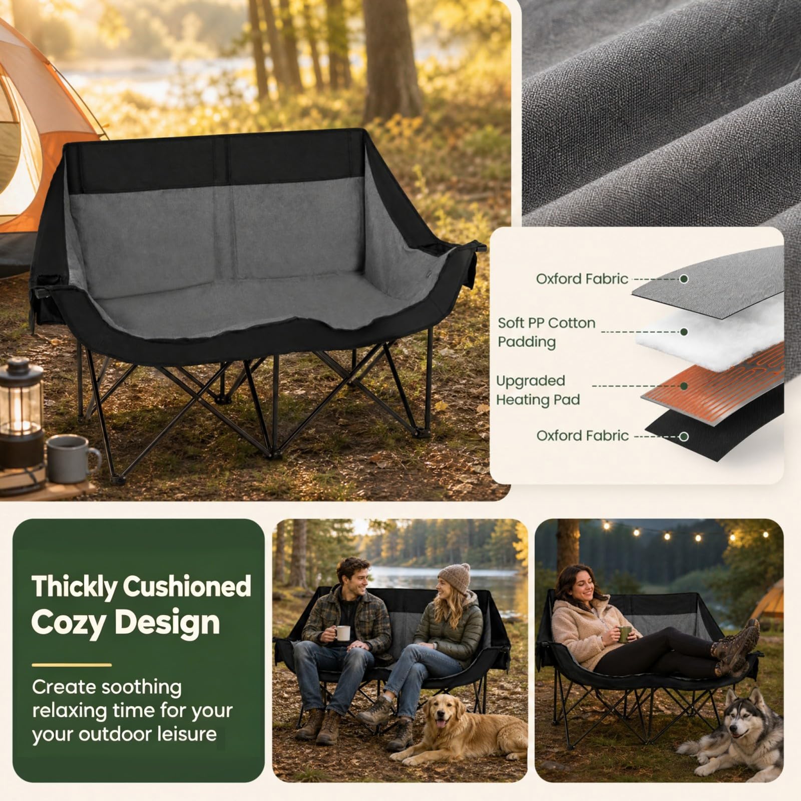 GOPLUS Silla de Camping para 2 Personas con Calefacción,Carga 300 kg | Sillón Plegable Acolchado con 3 Niveles de Calefacción, Portavasos, Bolsillos y Bolsa de Transporte para Campaña y Jardín