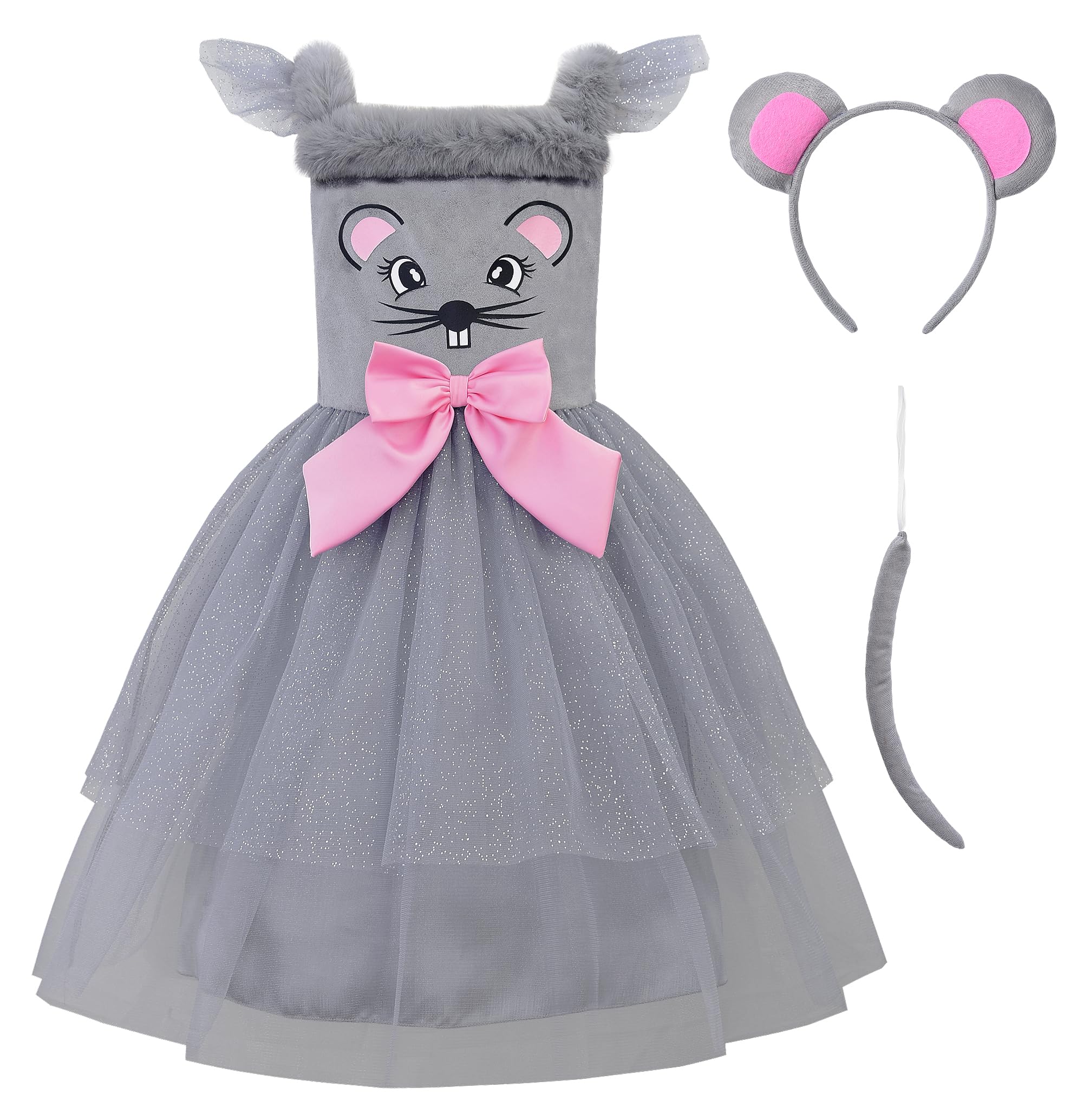 ReliBeauty Disfraz Ratón Niña 3-12 Años Vestido Animales Accesorios con Orejas Cola Carnaval Halloween