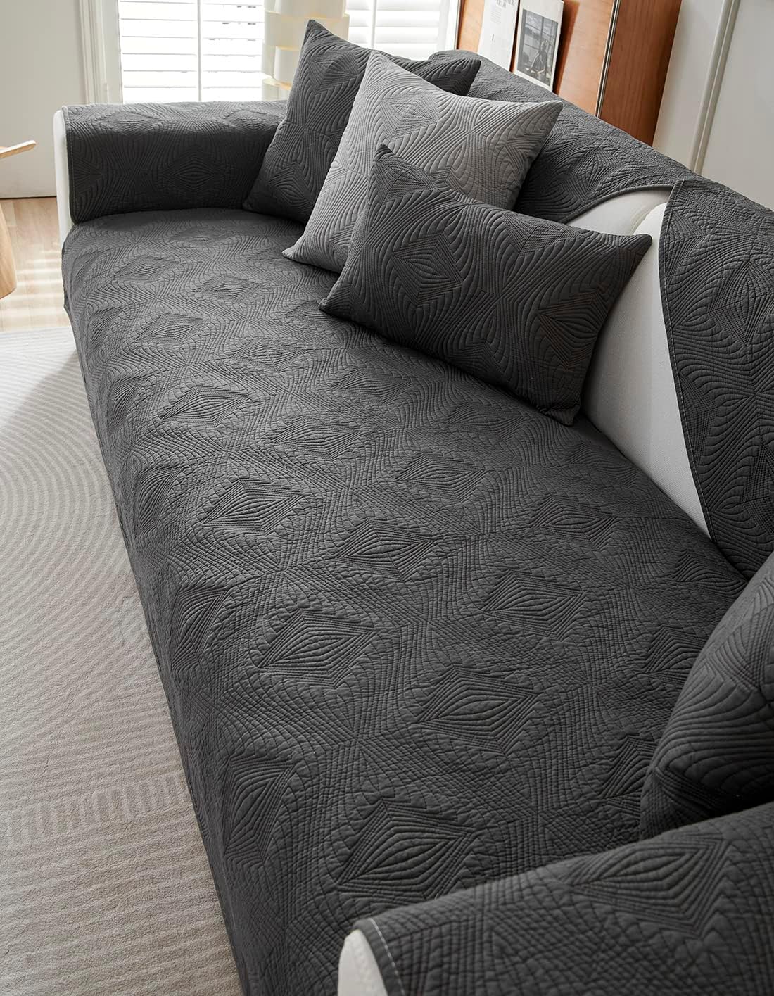 vctops Farmhouse Solid Cotton Sofa Cover for 2 or 3 Cushion Couch Covers Anti-Slip Geometric Quilted Sofa Slipcover for Dogs Cats Pet Love Seat Recliner Armrest Backrest Cover(Dark Grey,43"x82")