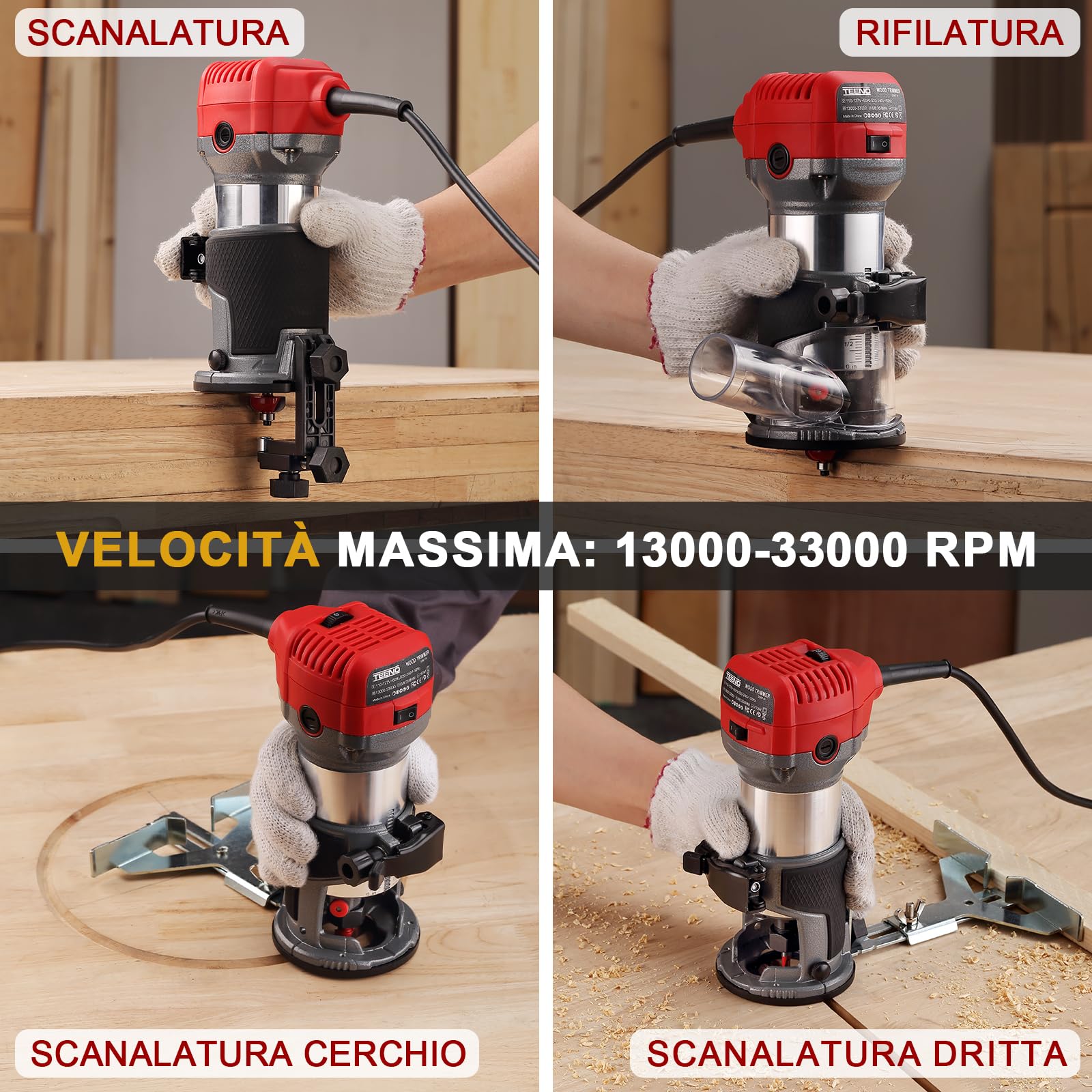TEENO Rifilatore Fresatrice Verticale per Legno 800W 13000-33000 RPM, Legno Rifilatrice Elettrica Con 15 pezzi 1/4" Fresatura Cuter, 6 Velocità Variabili, Mandrino 6/6.35/8mm,SCATOLA DI PLASTICA