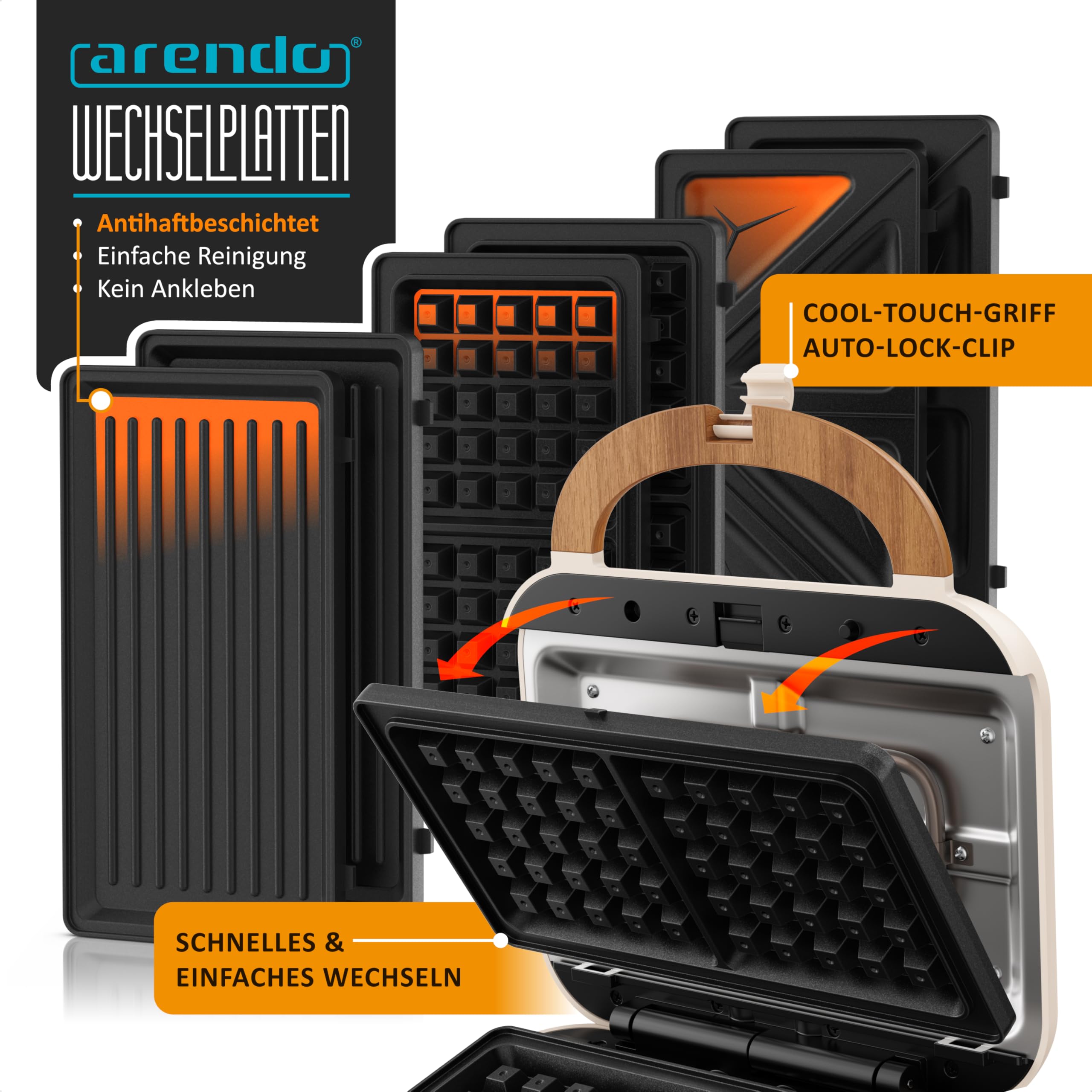 Arendo - Waffeleisen Belgische Waffel doppelt - 3in1 Sandwichmaker Kontaktgrill mit abnehmbaren Platten - 2 Zonen - mit Antihaftbeschichtung - BPA frei - Temperaturkontrolle – Sandwichtoaster