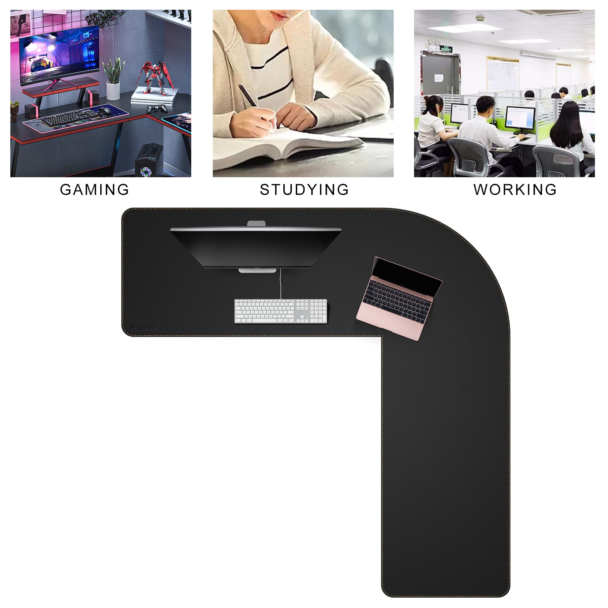 MAIDERN L-förmige Schreibtischunterlage (150+150) x50cm - XXL Ecken Mauspad, Wasserdicht & Rutschfest - Für Eckschreibtisch, Homeoffice & Gaming - Schwarz