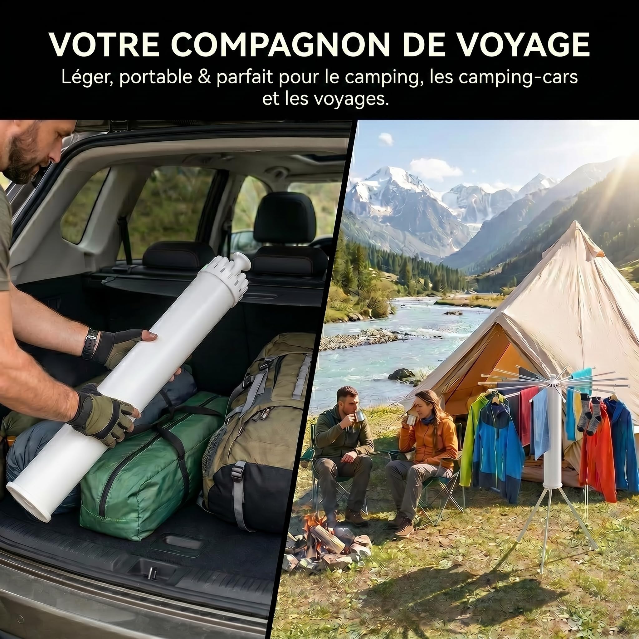 Étendoir à Linge Pliable 360° Pivotant – Séchoir à Linge Intérieur Extérieur Gain de Place avec 16 Bras en Acier Carbone, Étendoir Vertical Extensible pour Balcon, Camping, Buanderie