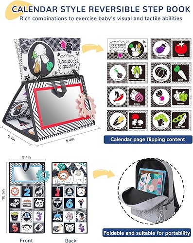 Miniatura 4 de Dcsioike Espejo para el tiempo boca abajo, juguetes para bebés de 0-3-6-12 meses, juguete para recién nacido, con alto contraste, libro sensorial