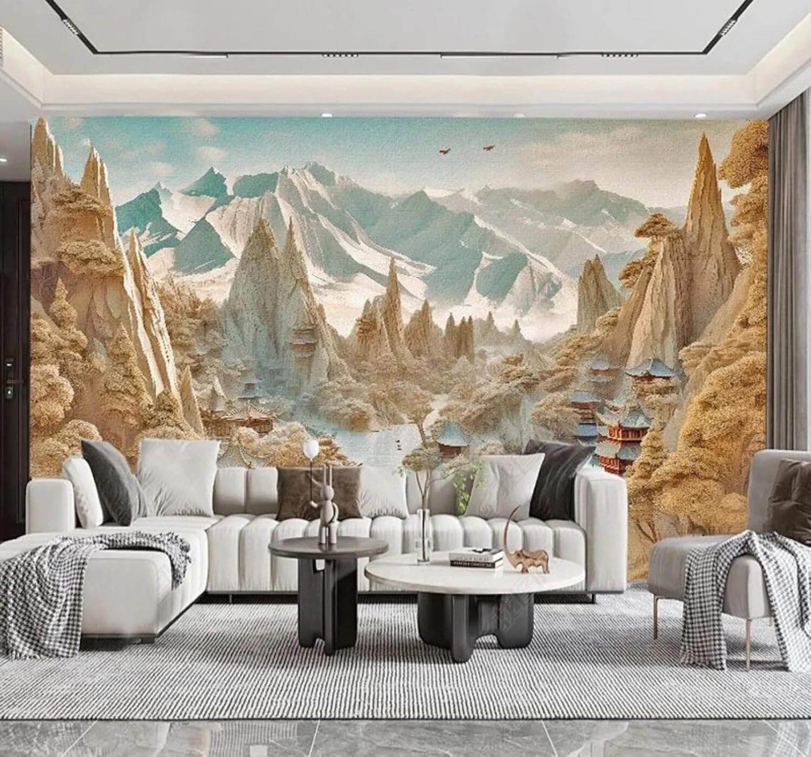 XLMING Relief Three Dimensional Valley Architecture Landscape 3D Wallpaper Silky Texture Home Study Office Grey Dining Room Sofa Bedroom Living Room TV Backdrop-250cm×170cm