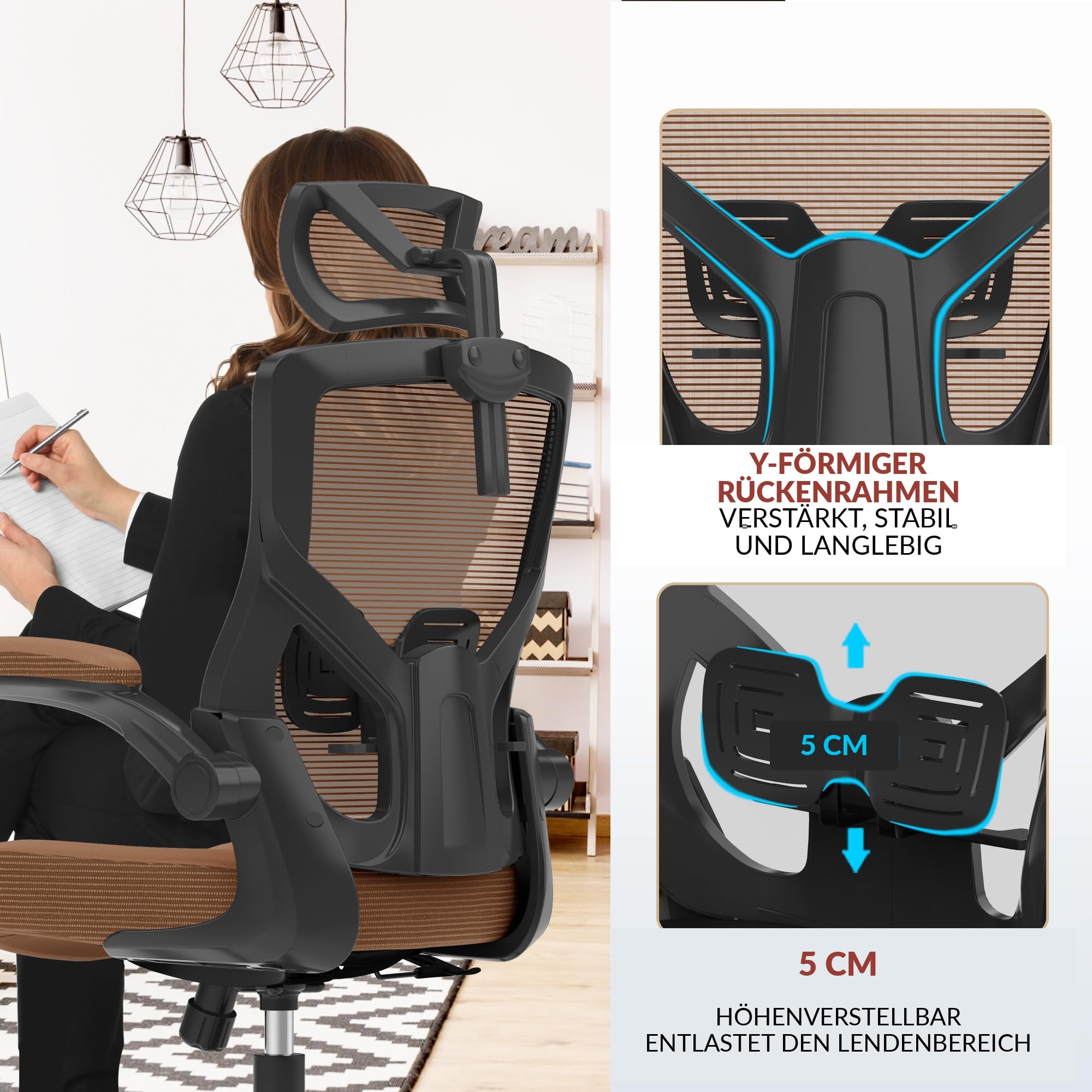 CYKOV Bürostuhl Ergonomisch Homeoffice, Wasserfall-Sitz 8h+ Rückenstütze | 4-fach Wippmechanik 90°-135°, Klappbare Armlehnen, SGS-Zertifiziert 150kg, 15cm+60° Verstellbare Kopfstütze, 5 Jahre Garantie