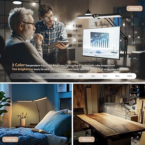Miniatura 3 de Lámpara de escritorio LED de doble cabeza con abrazadera, 2 luces de brazo oscilante más brillantes, 3 colores, 10 brillo, lámpara de arquitecto