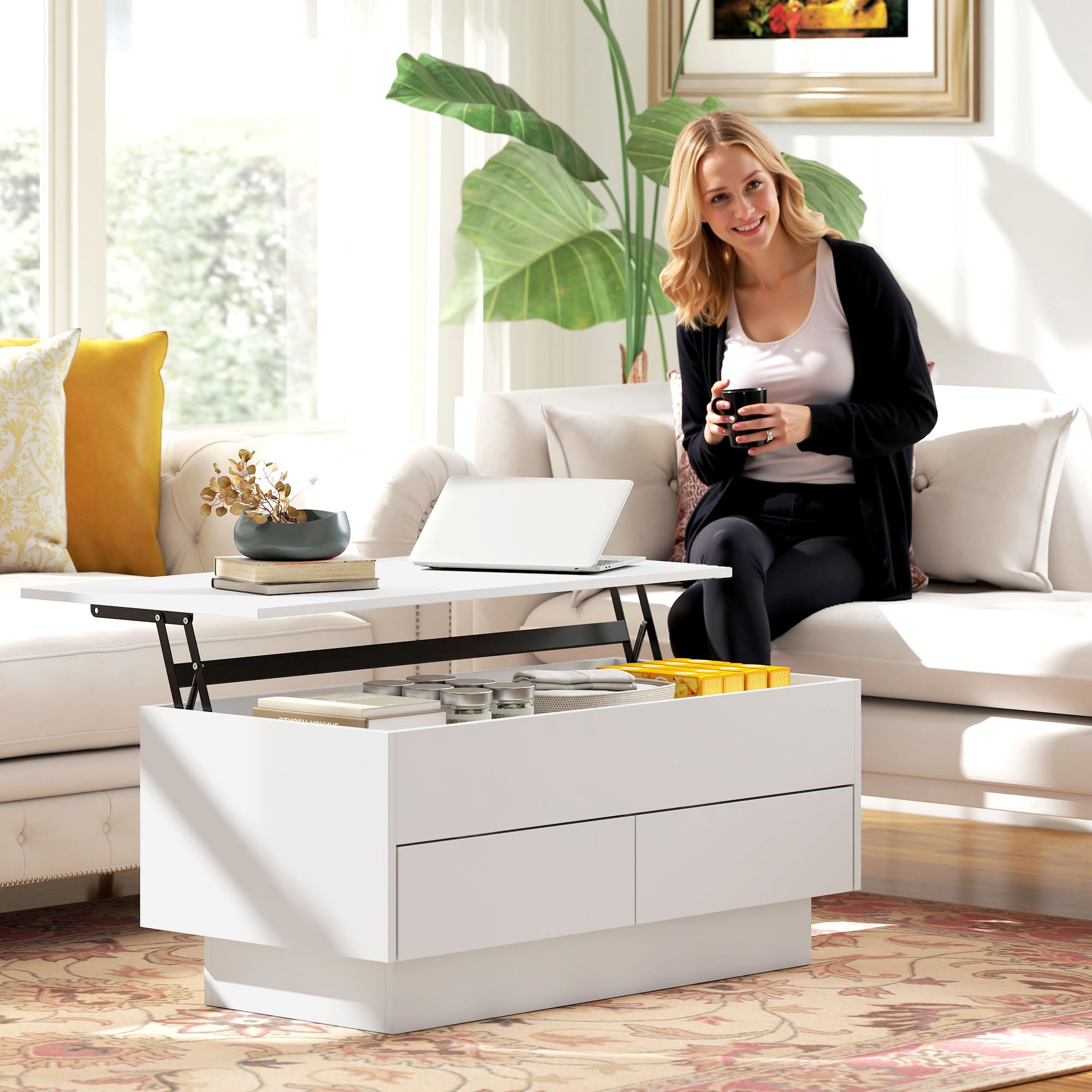HOMCOM - Mesa baja elevable moderna con compartimento oculto y 2 cajones, mesa de salón para oficina y salón, 100 x 50 x 44 cm, color blanco