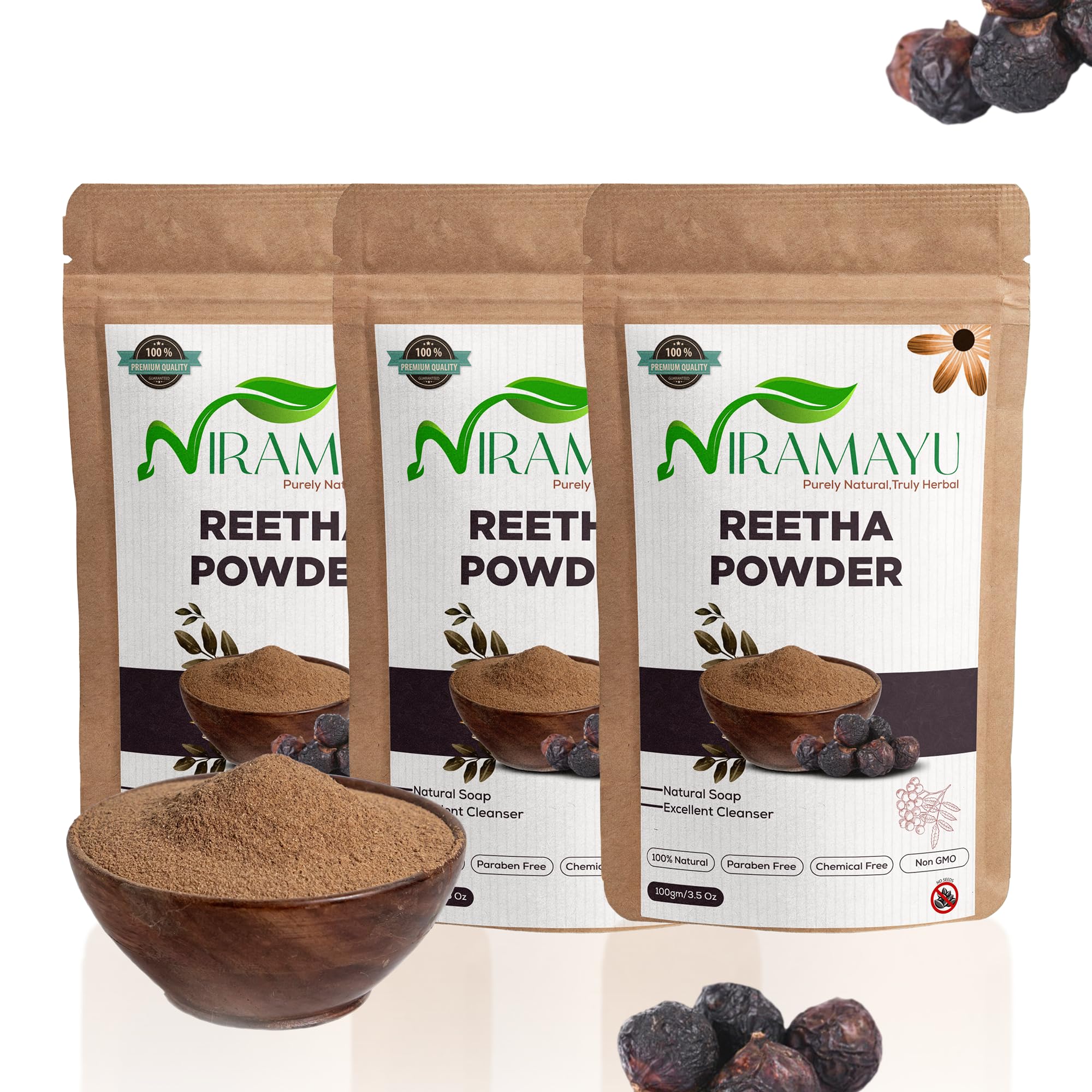 Niramayu Reetha Powder (300gm) for natural hair shampoo, Pure Reetha/Aritha Powder for Hair | Ideal for Hair care | Soapnut powder | Natural, No Chemcial, No Preservative | Natural Soap - Seedless-image-7