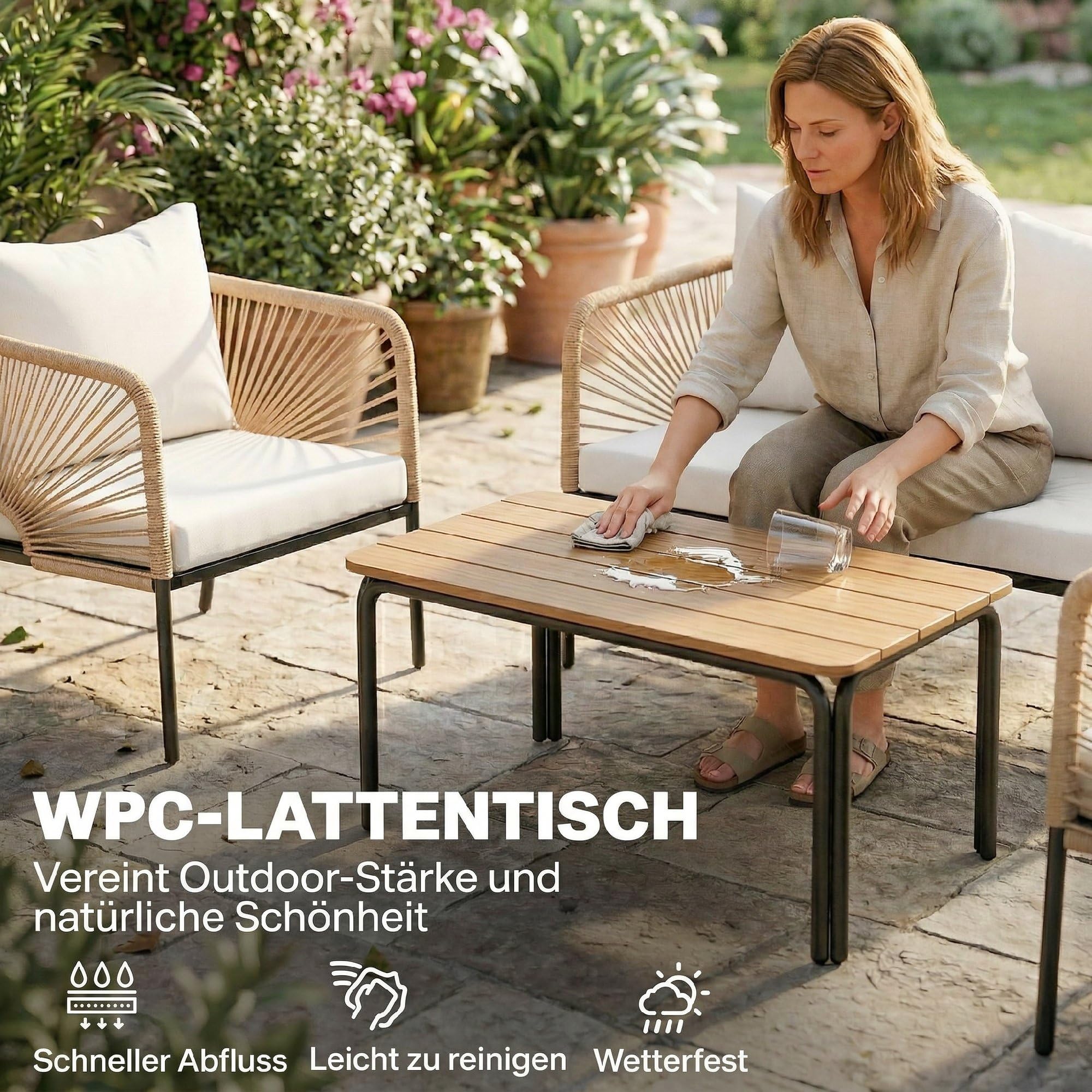Outsunny Gartenmöbel Set Rattan Sitzgruppe für 4 Personen 2er Sofa Weiß | Gartenlounge, 2 Sessel, Lamell-Tisch, Seilflecht, Waschbar Sitzkissen, Holzoptik, Outdoor Balkonmöbel