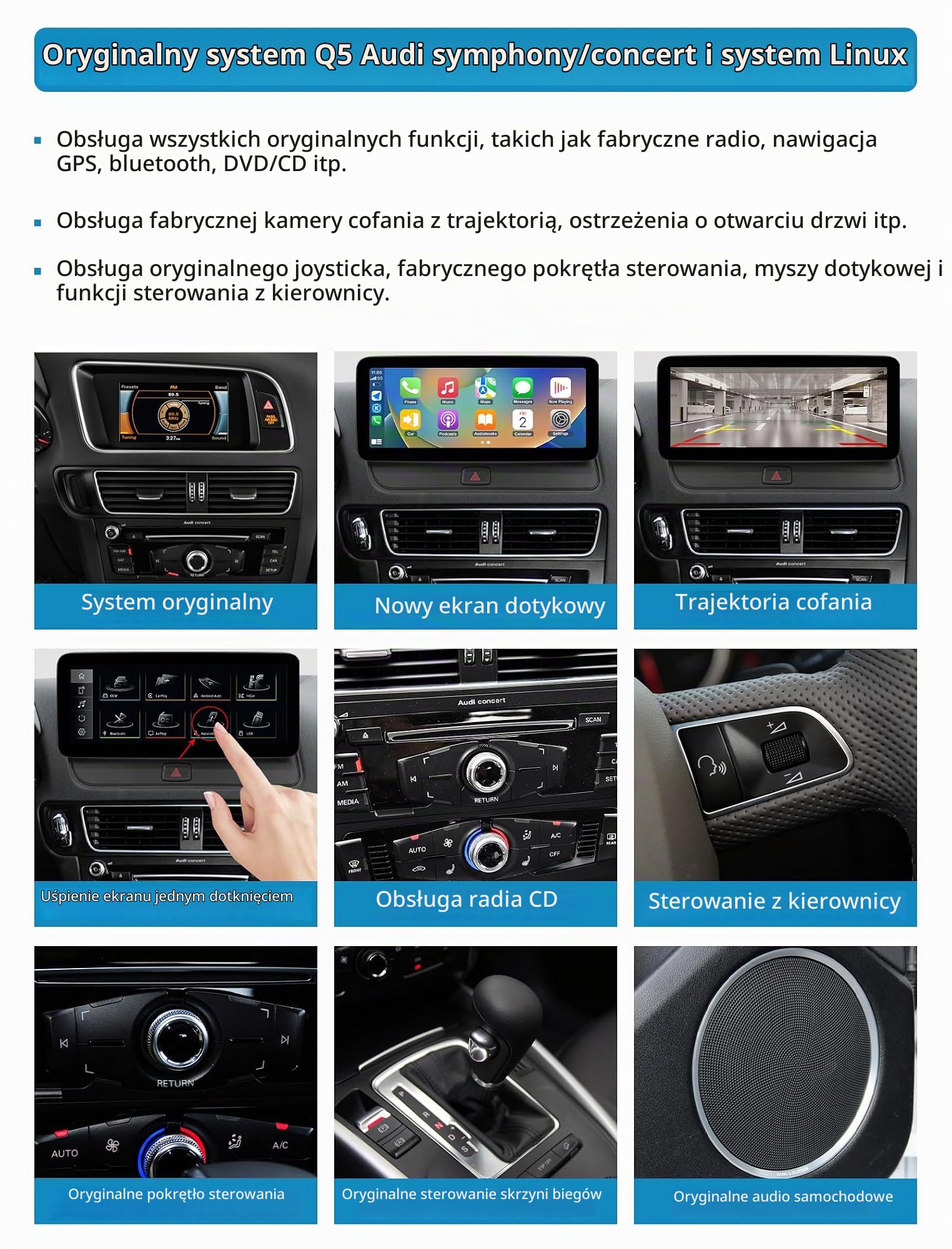 Radio samochodowe 12,3-calowy ekran dotykowy z bezprzewodową funkcją Carplay i Android Auto do Audi Q5 z lat 2009-2017 z systemem 2G MMI, obsługuje Mirrorlink, kamerę i nawigację