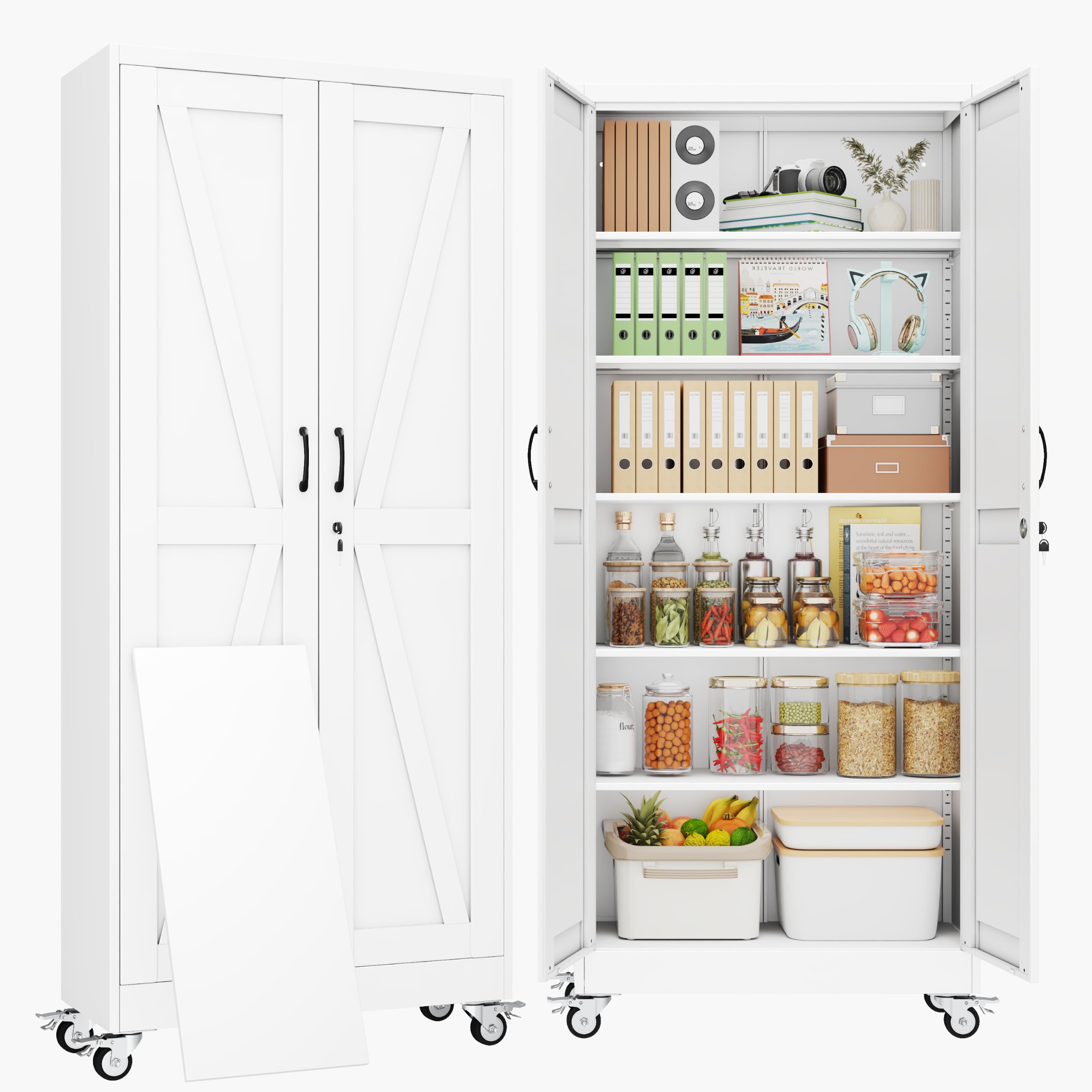 74" Metal Garage Storage Locker Cabinet with Wheels,Rolling White Farmhouse Kitchen Pantry Cabinet with 2 Doors and 5 Adjustable Shelves, Steel File Tool Cabinet for Home Office Warehouse