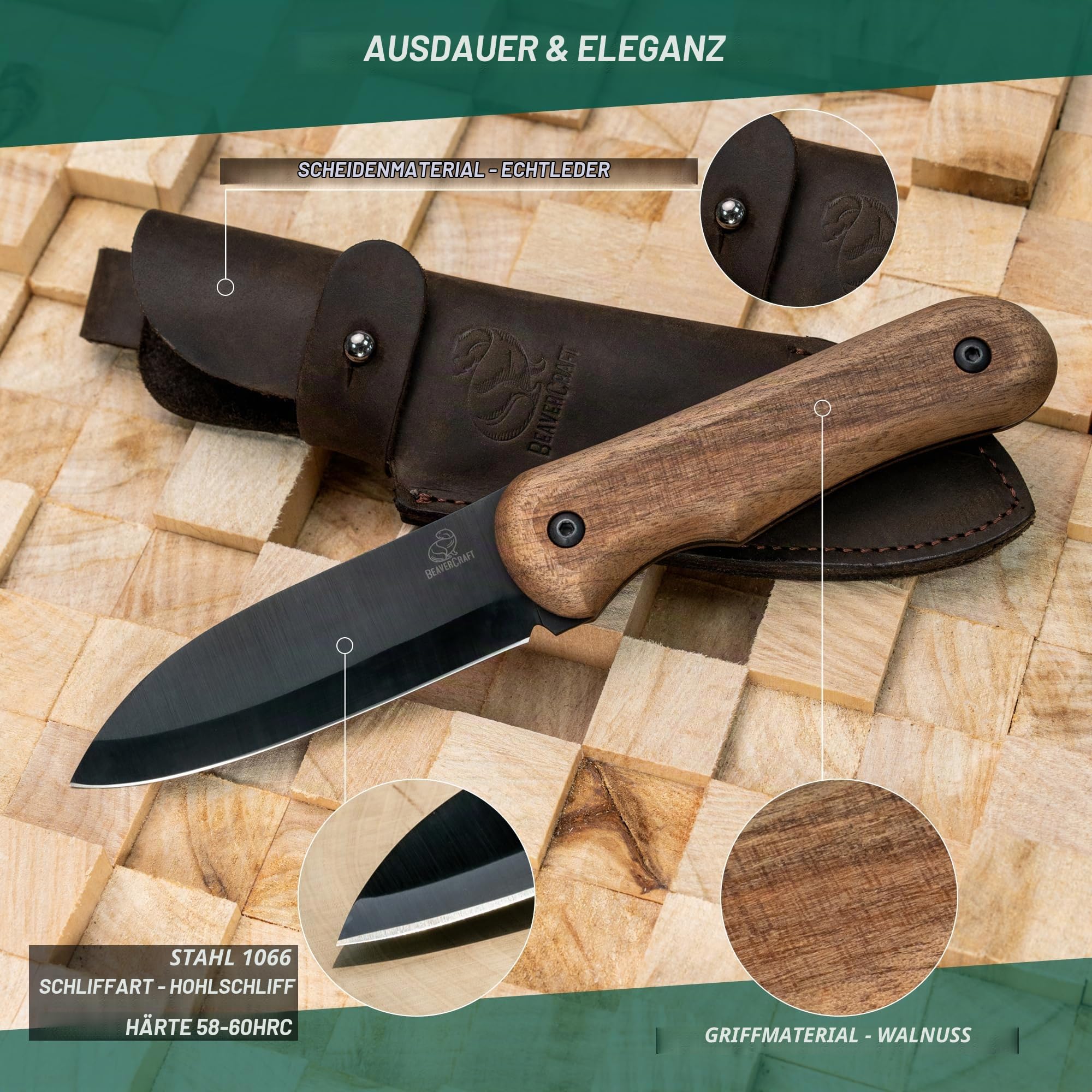 BeaverCraft Bushcraft Messer BSH5 Shadow – Full-Tang Outdoor Messer mit Scheide, Kohlenstoffstahl, Kleines EDC Feststehendes Messer, Camping Geschenk für Männer