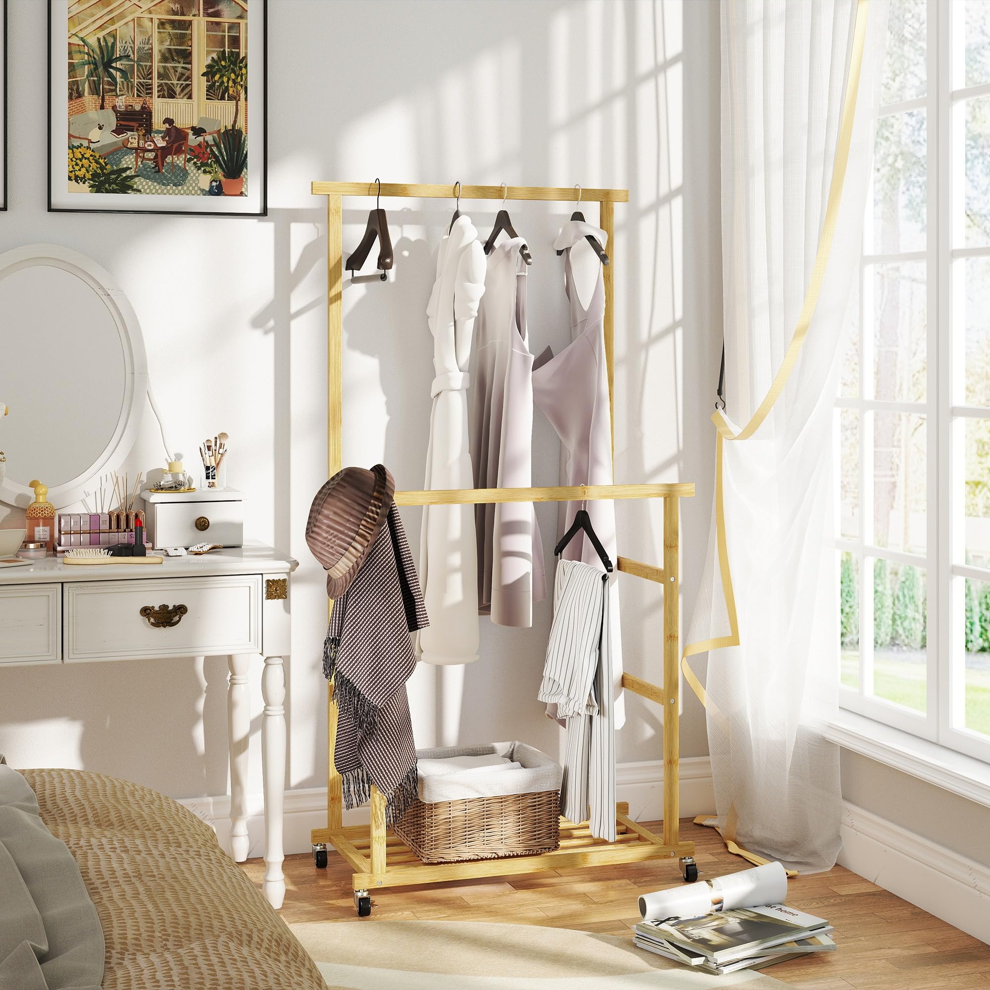 HOMCOM Stand Appendiabiti da Terra con 2 Barre e 4 Ruote Attaccapanni Salvaspazio con Ripiano Inferiore in Bambù per Camera da Letto Soggiorno 80x40x160 cm Legno Naturale