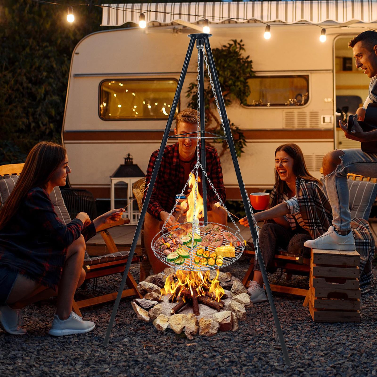 Grille de barbecue avec grille, espacement des barres, tourbillons de corde, trépied télescopique, support de barbecue, cuisson en plein air, kit de trépied pliable, feu de camp, grande surface de