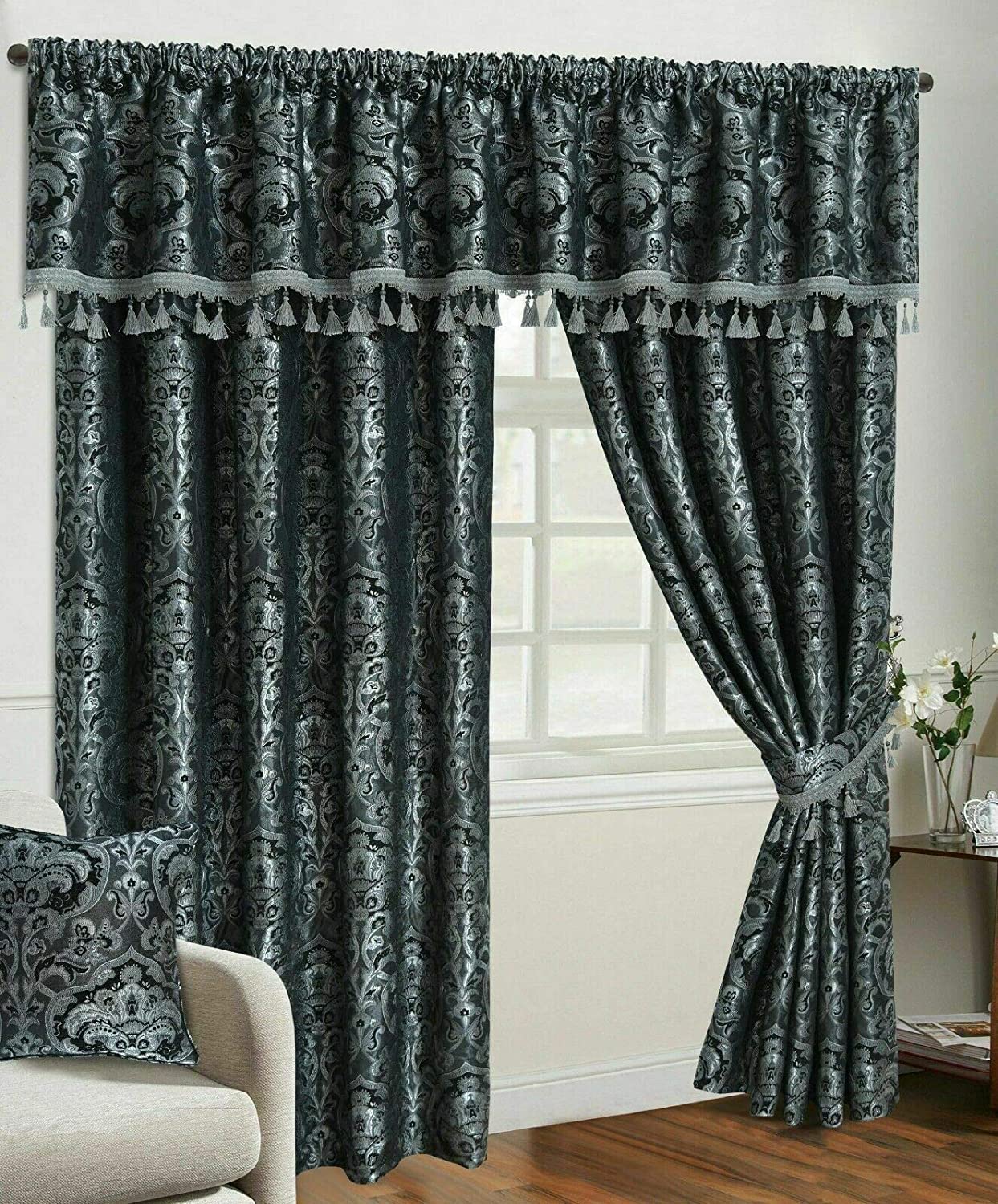 New Luxury Heavy Weight Jacquard Chenille Georgia Fully Lined Pencil Pleat Curtains Pair (Gray, 66"x72") — image 1
