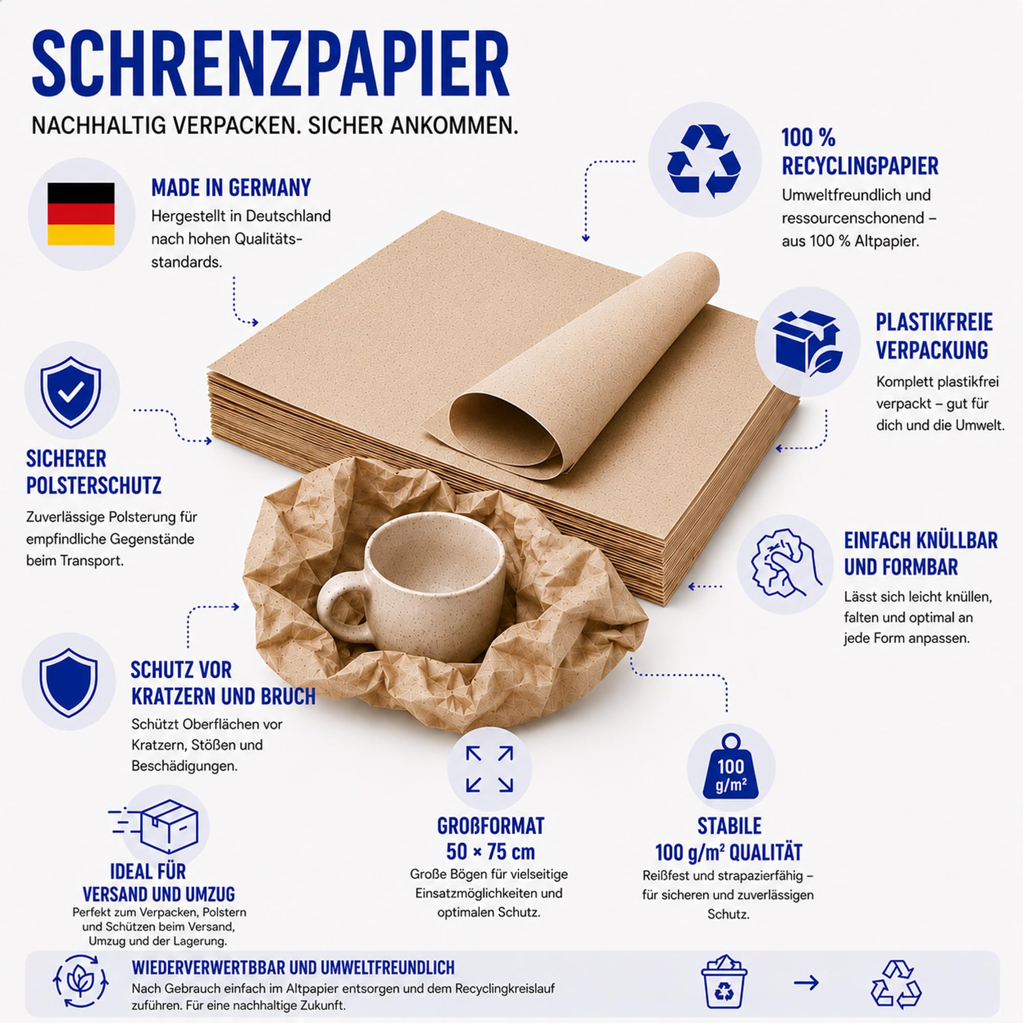 Schrenzpapier Packpapier 50x75 cm 100g/m² 25kg Bogen Knüllpapier Polsterpapier Einwickelpapier Einschalgpapier Umzug - 100% Recyclingpapier