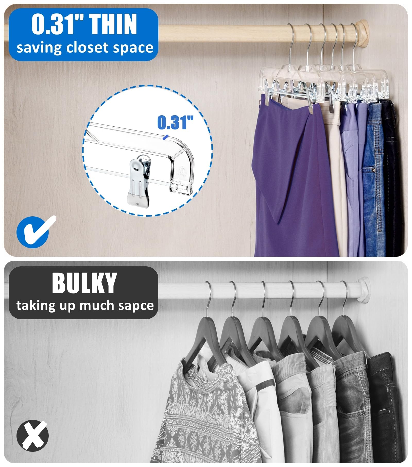 Amber Home 24 transparente Kunststoff-Kleiderbügel für Jeans, Hosen, Röcke, mit verstellbaren Clips und 360° drehbarem Haken | Rutschfeste Rockbügel mit 360 Grad drehbarem Haken, kristallklare Kleiderbügel für Jeans, Hosen und Shorts
