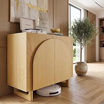 Mid-Century Modern Arched Door Wooden Storage Cabinet - Versatile, Buffet and Media Console with Soft-Close Hinges, Adjustable Shelves and Solid Wood Legs Light Oak