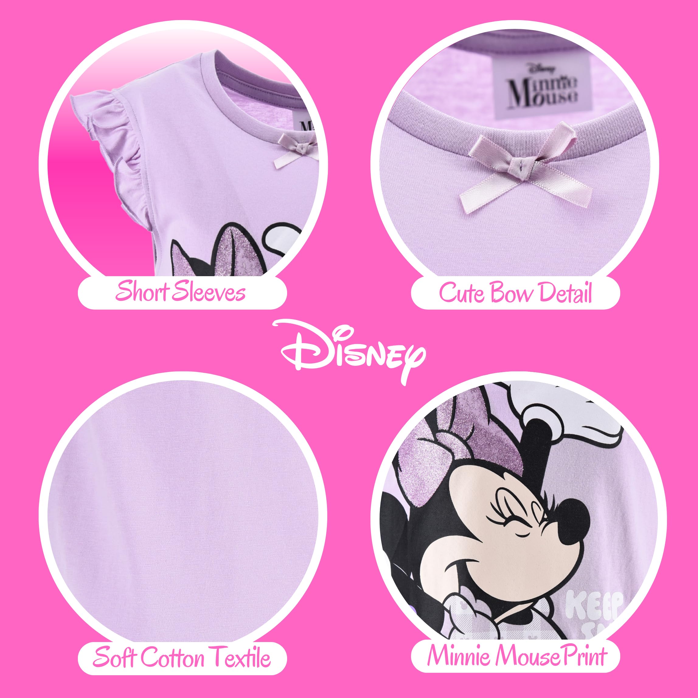 Disney Minnie Mouse Camison Algodon Suave Gingham Vestido Manga Corta para Niña Tallas 3-8 Años