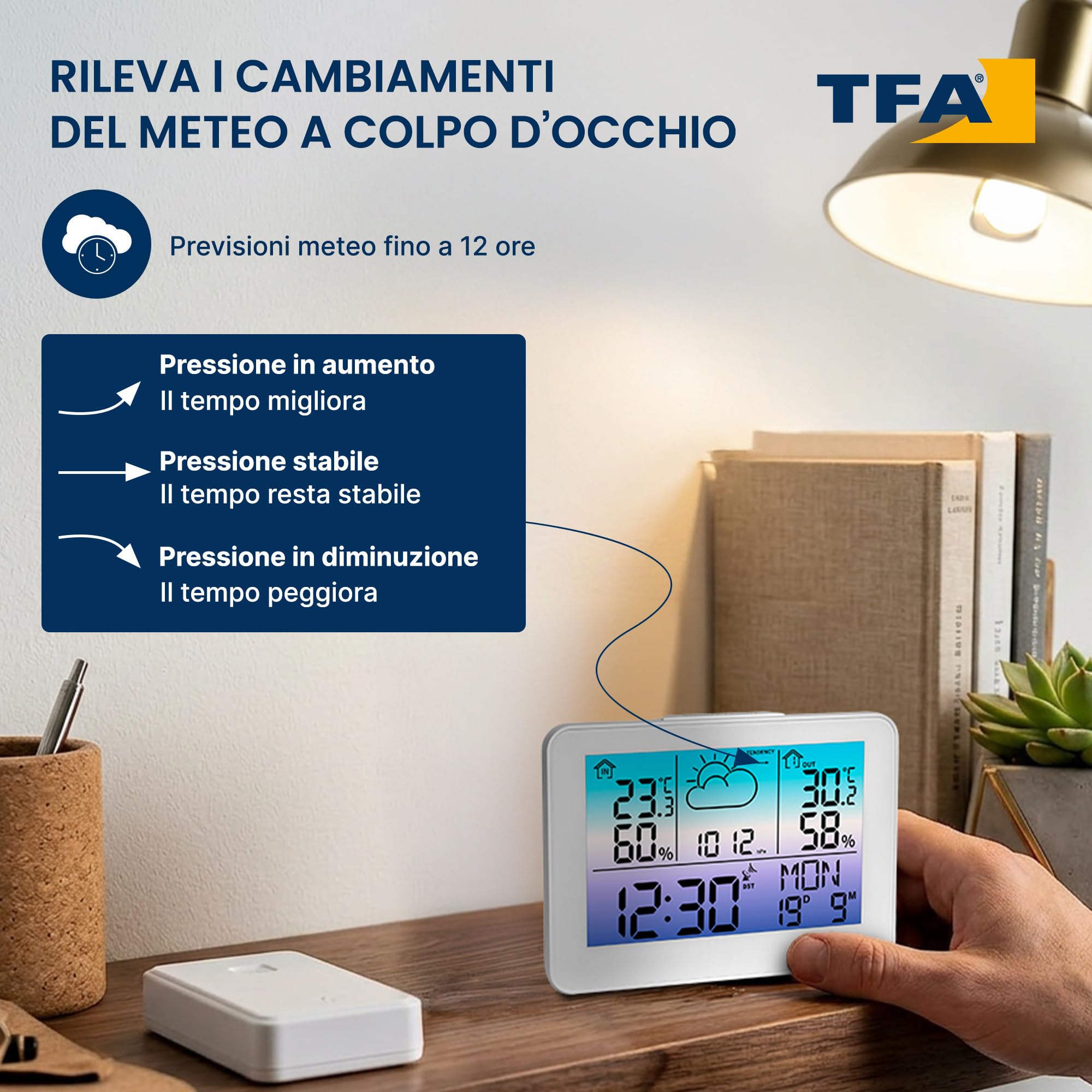 TFA Dostmann stazione meteo con sensore esterno METEO SKY, 35.1175.02, wifi, retroilluminazione colorata, termometro/umidità interna ed esterna, previsioni meteo con simboli, digitale, bianco