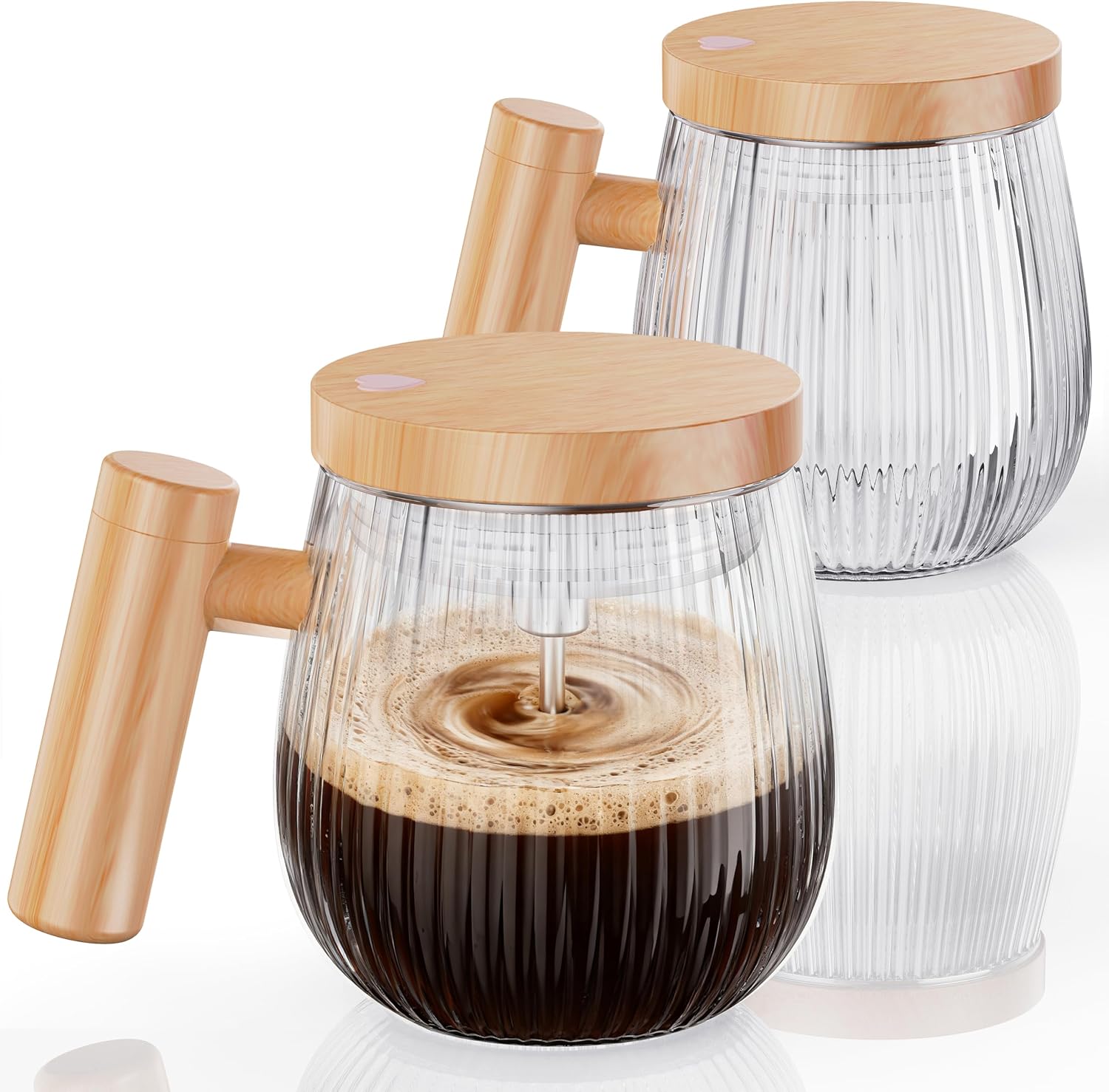 Mihoho Electric Self Stirring Coffee Mug 2Pcs Set, 400ml Mixing Mug, High Speed Suitable for Coffee/Milk/Protein Powder, Heat-Protection Glass Coffee Blender with Lid (Transparent C)